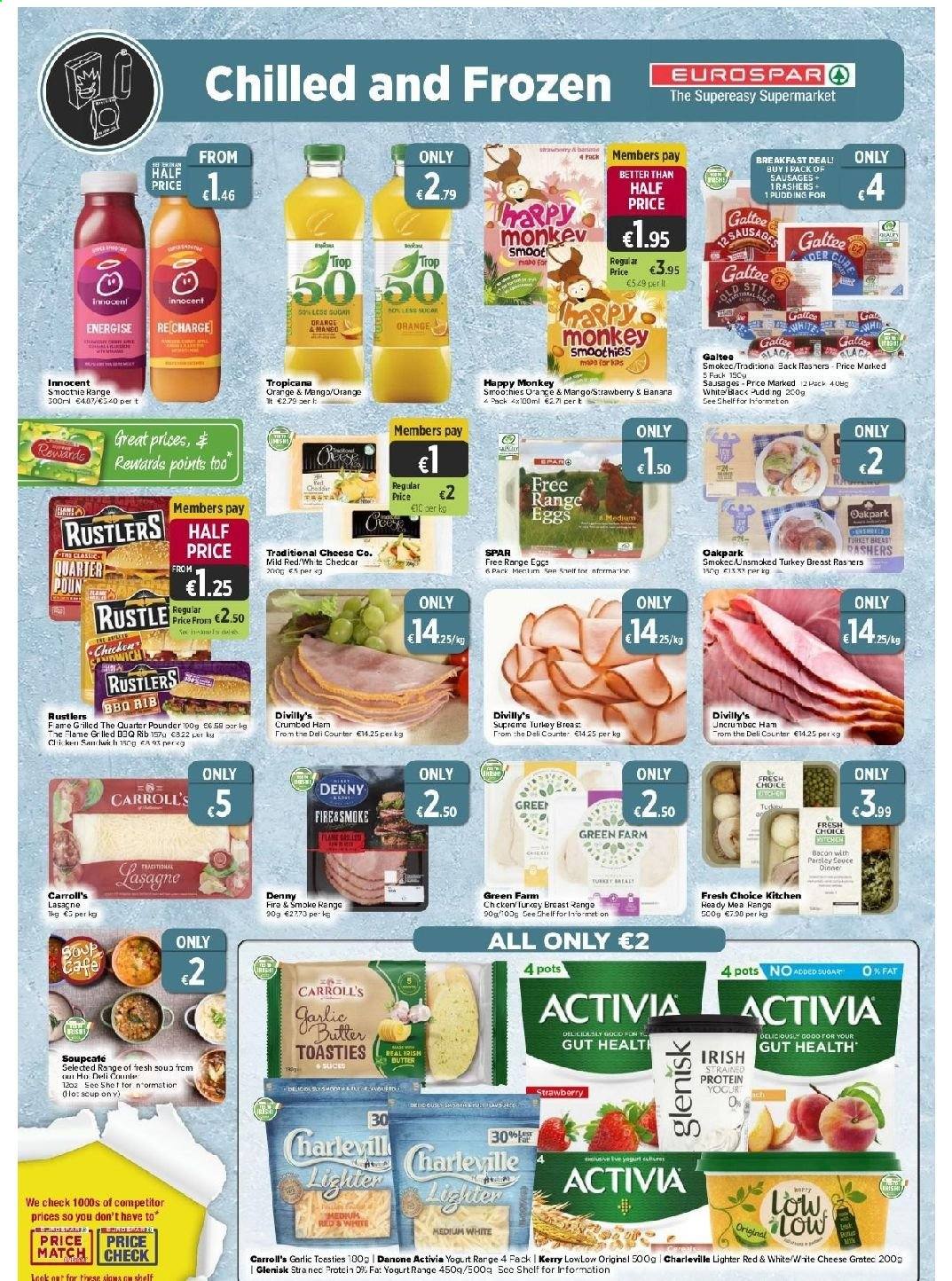 thumbnail - EUROSPAR offer  - 06.05.2021 - 26.05.2021 - Sales products - garlic, oranges, Fresh Choice Kitchen, bacon, ham, sausage, cheese, yoghurt, Danone, Activia, eggs, butter, smoothie, turkey breast, pot. Page 4.