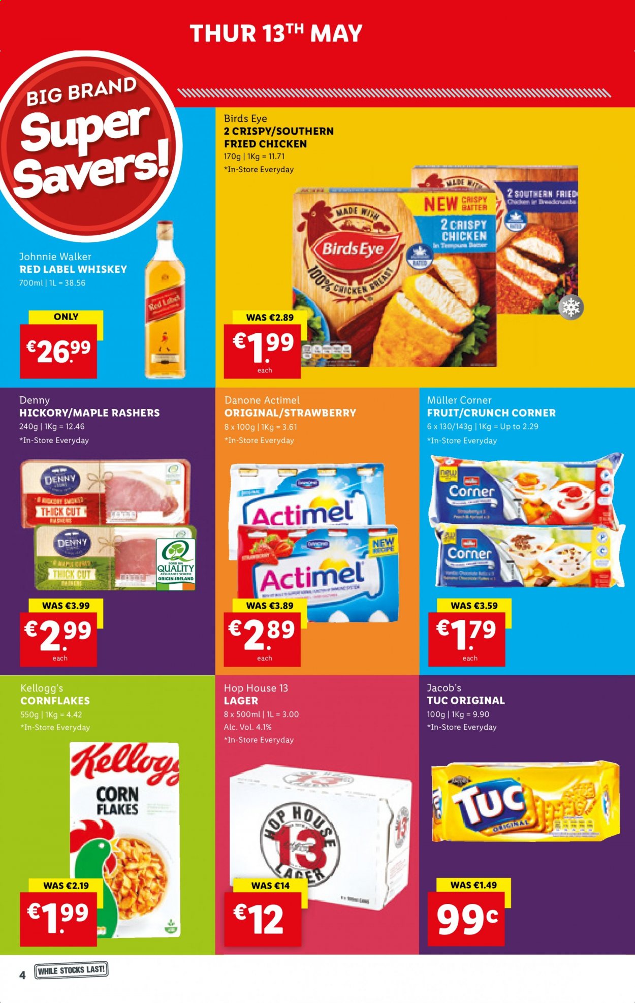 thumbnail - Lidl offer  - 13.05.2021 - 19.05.2021 - Sales products - fried chicken, Bird's Eye, Danone, Müller, Actimel, Kellogg's, corn flakes, whiskey, Johnnie Walker, whisky, beer, Lager. Page 4.