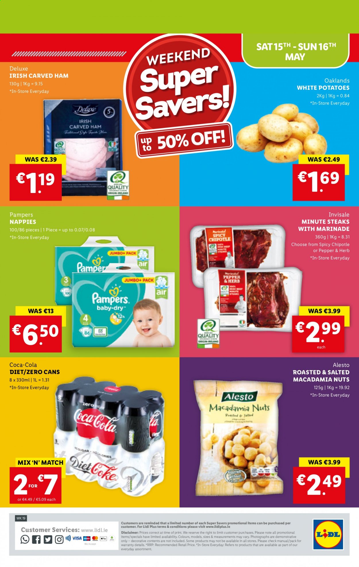 thumbnail - Lidl offer  - 13.05.2021 - 19.05.2021 - Sales products - potatoes, ham, marinade, macadamia nuts, Coca-Cola, steak, Pampers, nappies. Page 32.
