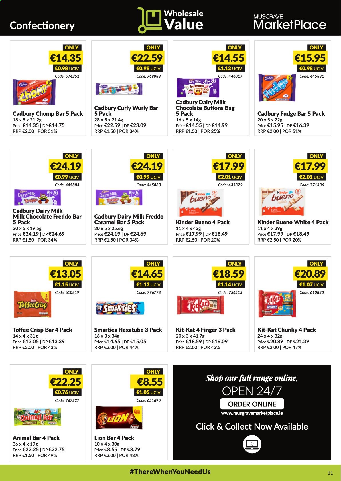 thumbnail - MUSGRAVE Market Place offer  - 09.05.2021 - 05.06.2021 - Sales products - fudge, milk chocolate, chocolate, Smarties, toffee, Kinder Bueno, Cadbury, Dairy Milk, caramel. Page 11.
