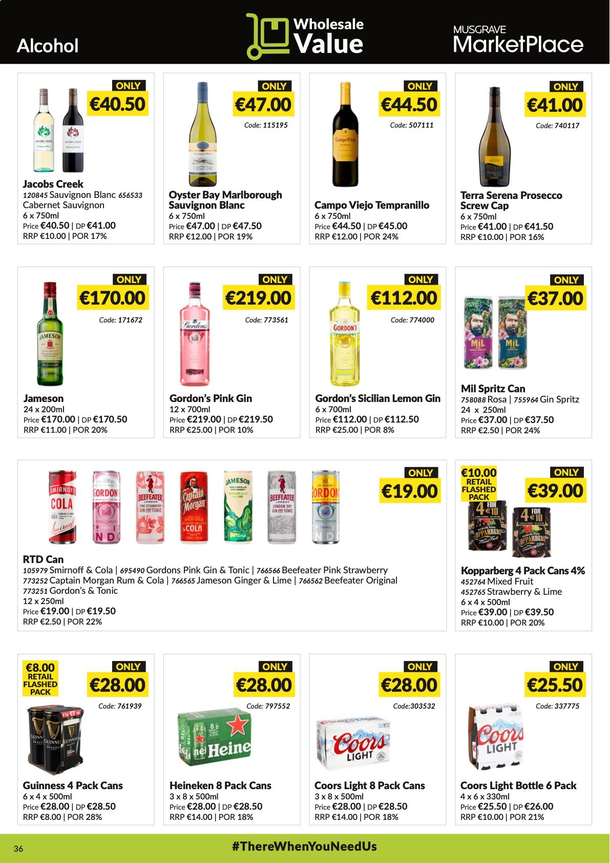thumbnail - MUSGRAVE Market Place offer  - 09.05.2021 - 05.06.2021 - Sales products - Coors, oysters, Jacobs, Cabernet Sauvignon, red wine, white wine, prosecco, wine, Campo Viejo, alcohol, Tempranillo, Sauvignon Blanc, Captain Morgan, rum, Smirnoff, Jameson, Gordon's, Beefeater, Kopparberg, gin & tonic, beer, Heineken, Guinness. Page 36.