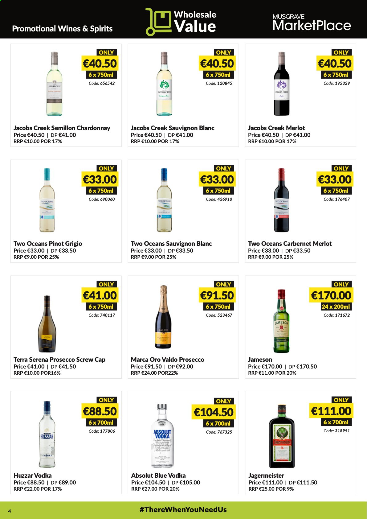 thumbnail - MUSGRAVE Market Place offer  - 09.05.2021 - 05.06.2021 - Sales products - Jacobs, red wine, white wine, prosecco, Chardonnay, wine, Merlot, Pinot Grigio, Sauvignon Blanc, vodka, Jameson, Absolut, Jägermeister. Page 4.