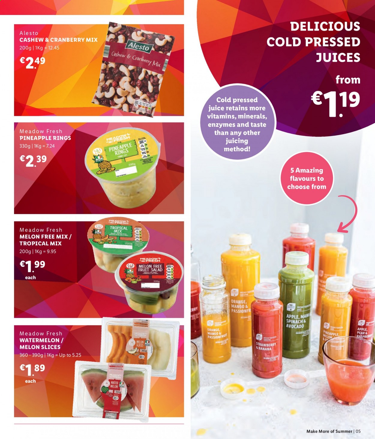 thumbnail - Lidl offer  - Sales products - spinach, salad, avocado, mango, watermelon, pineapple, melons, fruit salad, juice. Page 5.