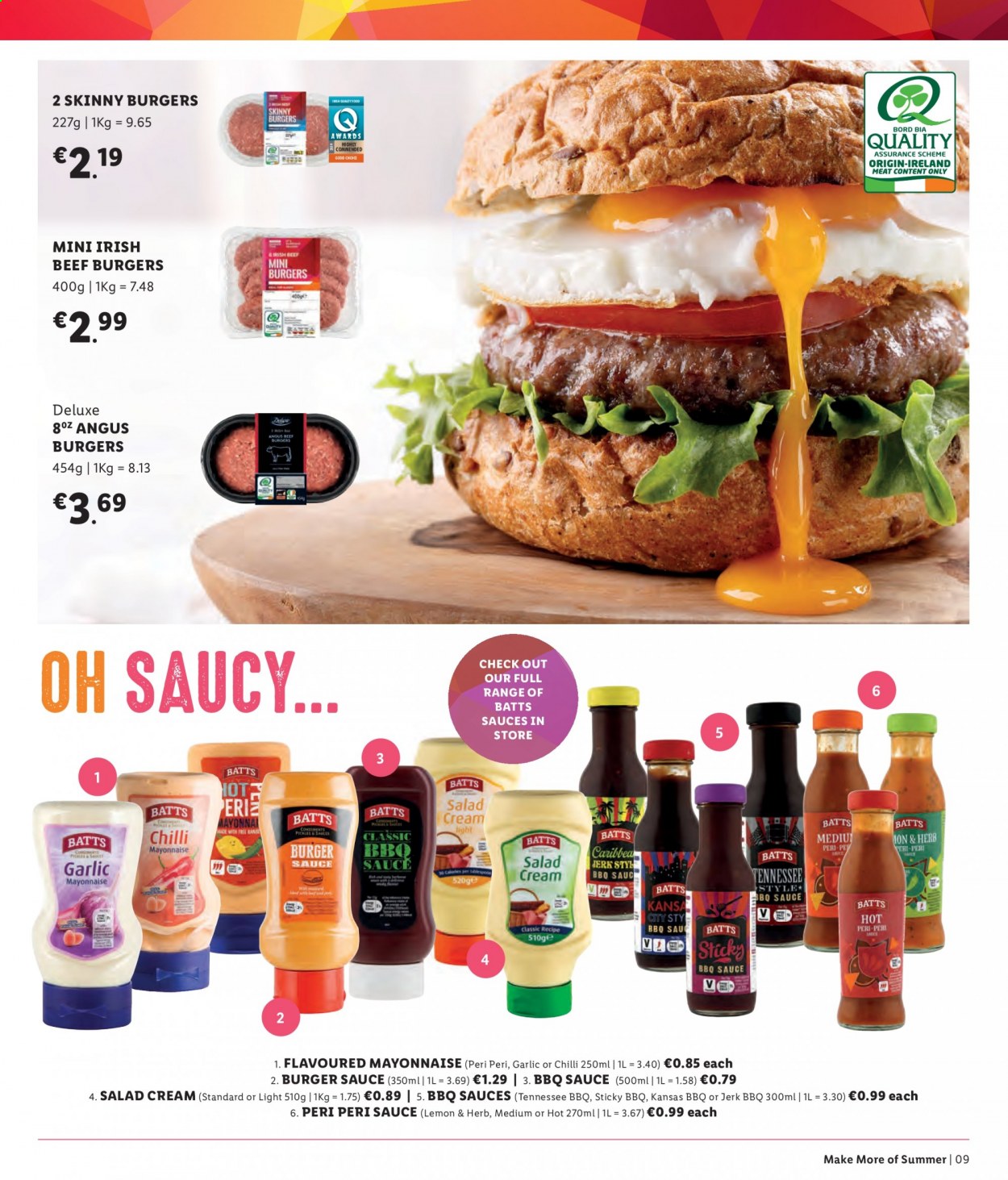 thumbnail - Lidl offer  - Sales products - garlic, beef burger, mayonnaise, salad cream, BBQ sauce, peri peri sauce, sake. Page 9.