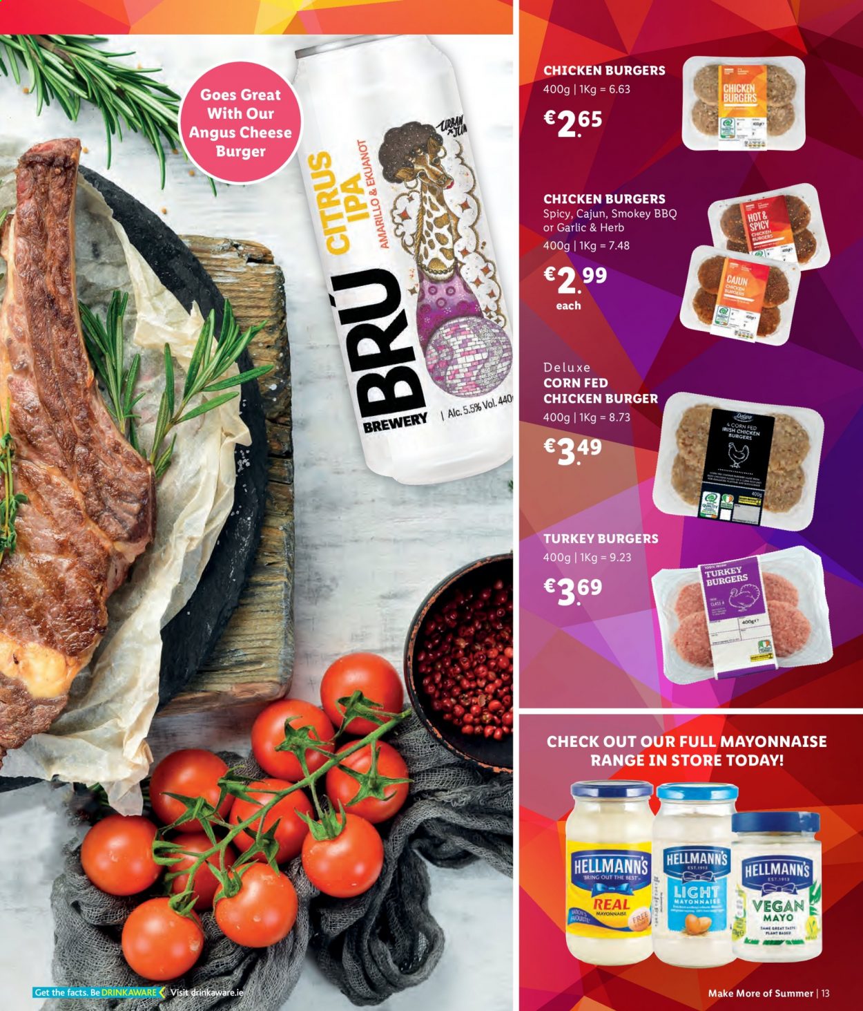 thumbnail - Lidl offer  - Sales products - hamburger, cheese, mayonnaise, Hellmann’s, IPA, turkey burger. Page 13.