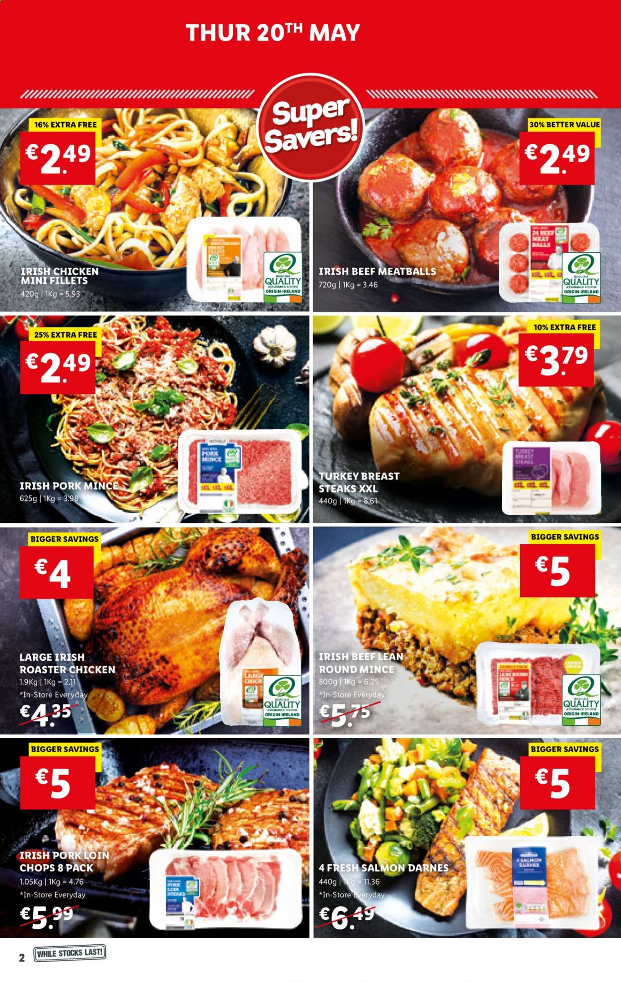 thumbnail - Lidl offer  - 20.05.2021 - 26.05.2021 - Sales products - salmon, meatballs, turkey breast, steak, ground pork, pork loin, pork meat, roaster. Page 2.