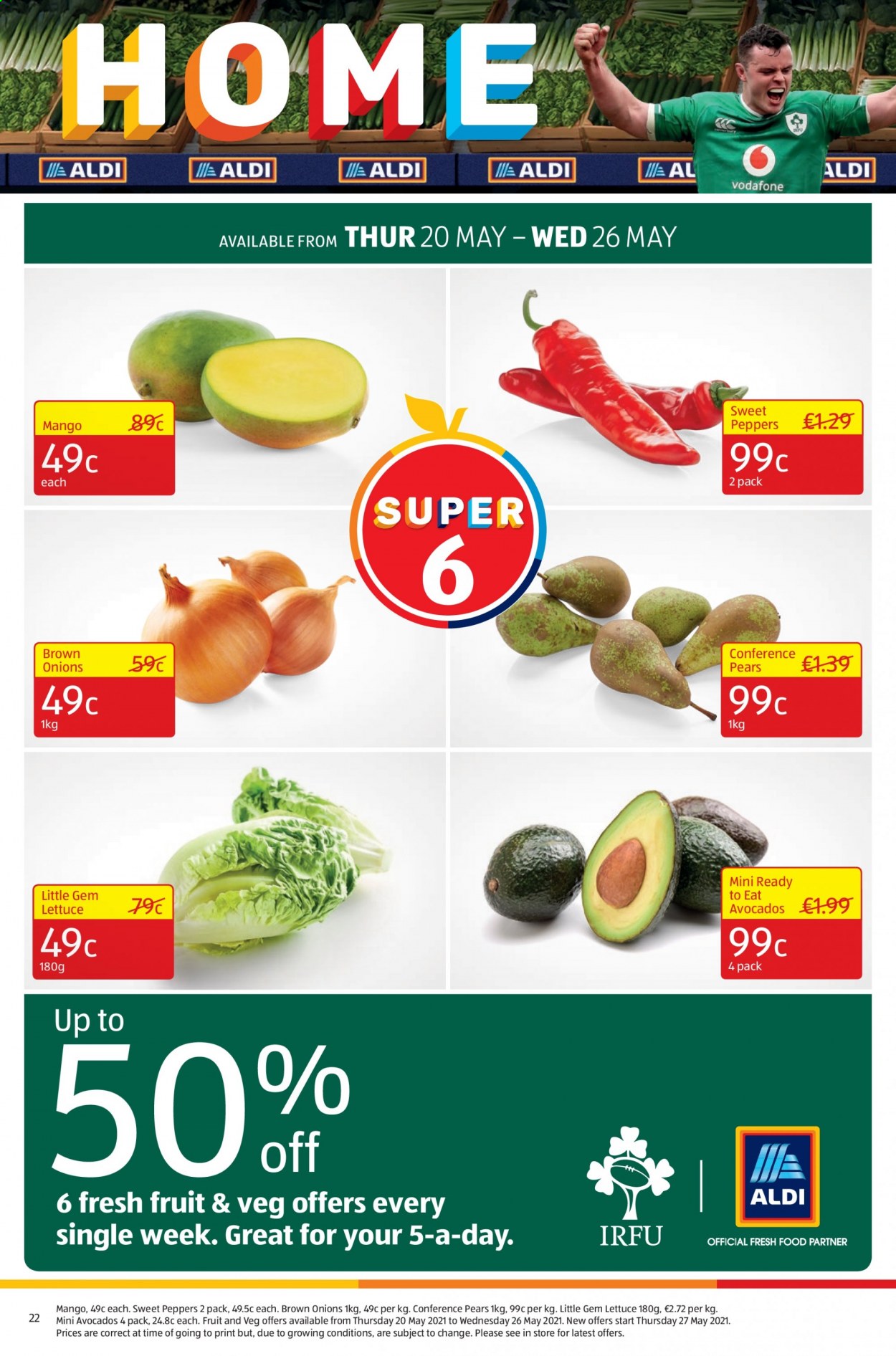 thumbnail - Aldi offer  - 20.05.2021 - 26.05.2021 - Sales products - sweet peppers, onion, lettuce, peppers, avocado, mango, pears. Page 22.