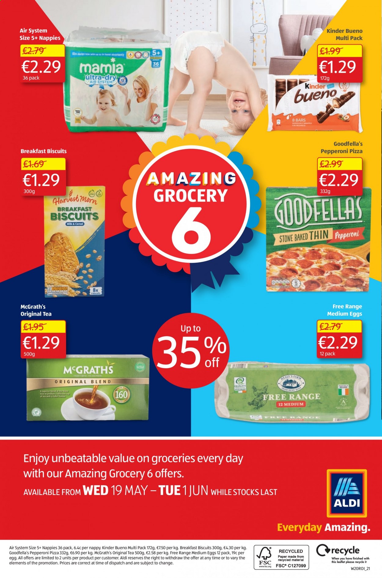 thumbnail - Aldi offer  - 20.05.2021 - 26.05.2021 - Sales products - pizza, pepperoni, eggs, Kinder Bueno, biscuit, tea, nappies. Page 24.
