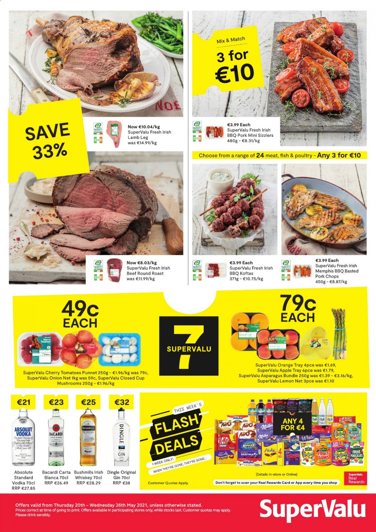 thumbnail - SuperValu offer  - 20.05.2021 - 26.05.2021 - Sales products - asparagus, tomatoes, onion, oranges, fish, milky bar, pastilles, Dairy Milk, Boost, Bacardi, gin, vodka, whiskey, Absolut, whisky, beef meat, round roast, pork chops, pork meat, lamb meat, lamb leg. Page 1.