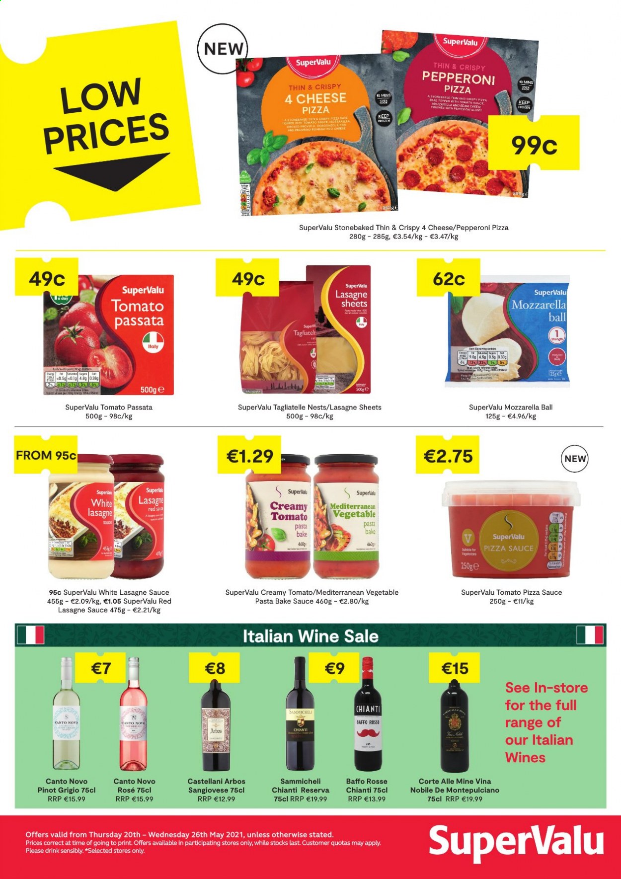 thumbnail - SuperValu offer  - 20.05.2021 - 26.05.2021 - Sales products - pizza, sauce, pepperoni, tomato sauce, lasagne sheets, white wine, Pinot Grigio, rosé wine. Page 2.