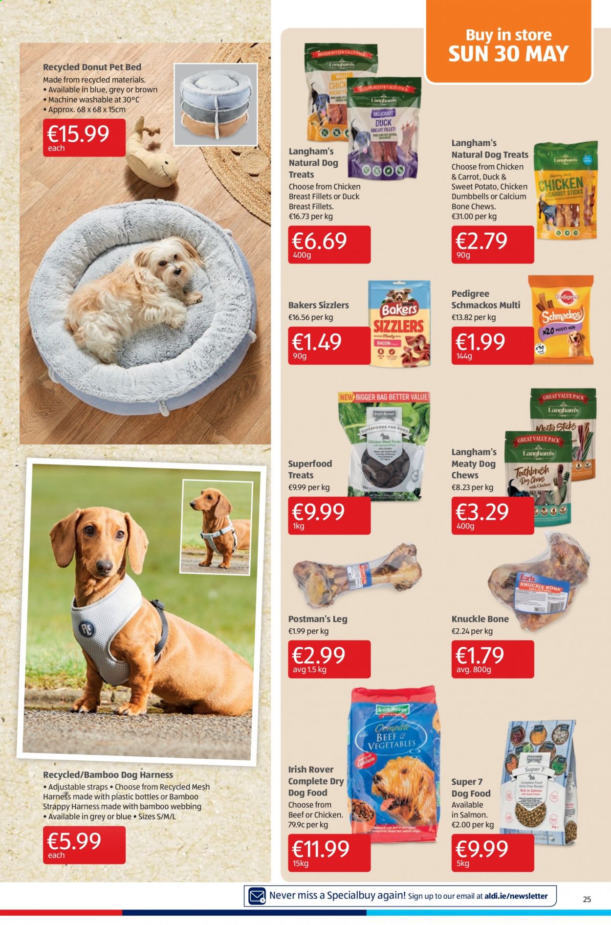 thumbnail - Aldi offer  - 27.05.2021 - 02.06.2021 - Sales products - sweet potato, chicken breasts, duck meat, duck breasts, pet bed, dog harness, animal food, animal treats, dog food, Pedigree, postman's leg, knuckle bone, Schmackos, Bakers, dry dog food, dog chews, calcium. Page 25.