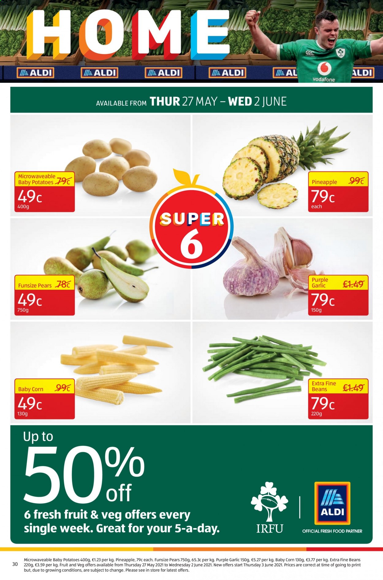 thumbnail - Aldi offer  - 27.05.2021 - 02.06.2021 - Sales products - beans, corn, garlic, potatoes, pineapple, pears. Page 30.