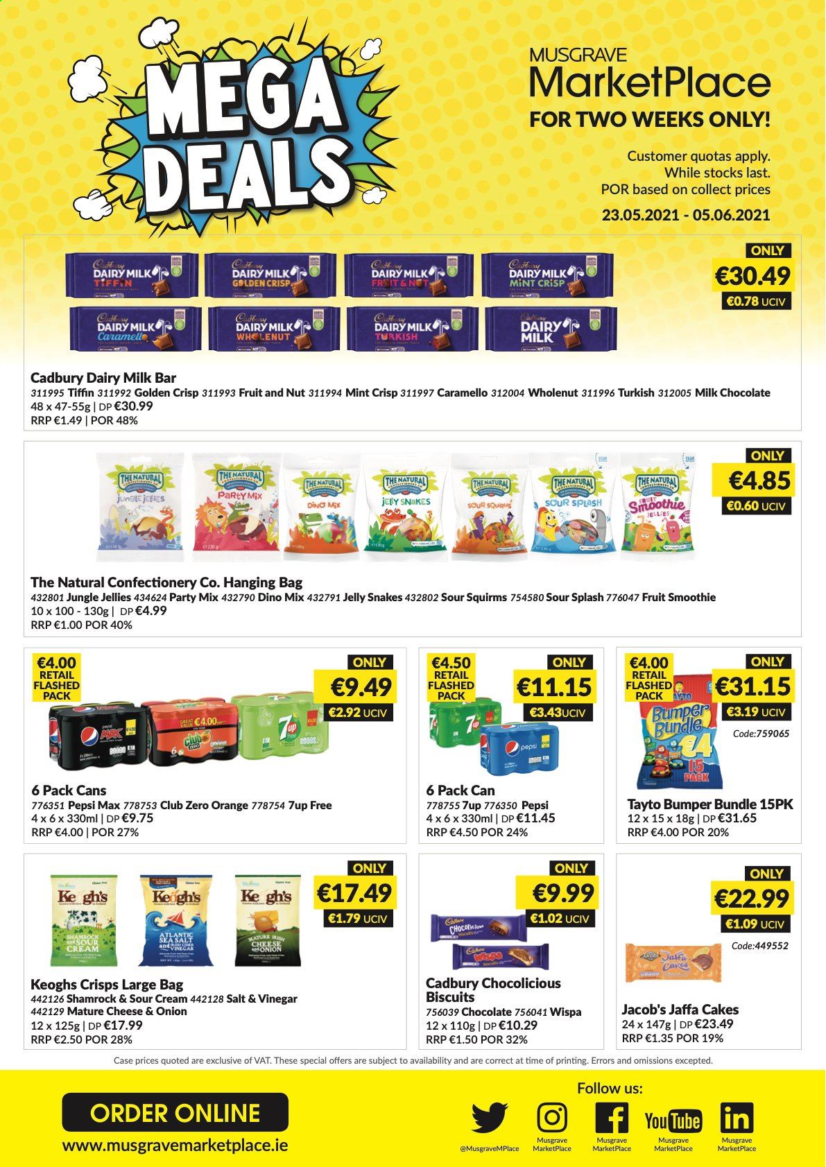 thumbnail - MUSGRAVE Market Place offer  - 23.05.2021 - 05.06.2021 - Sales products - cake, oranges, milk chocolate, chocolate, jelly, biscuit, Cadbury, Dairy Milk, Tayto, vinegar, Pepsi, Pepsi Max, 7UP, Club Zero, smoothie. Page 1.