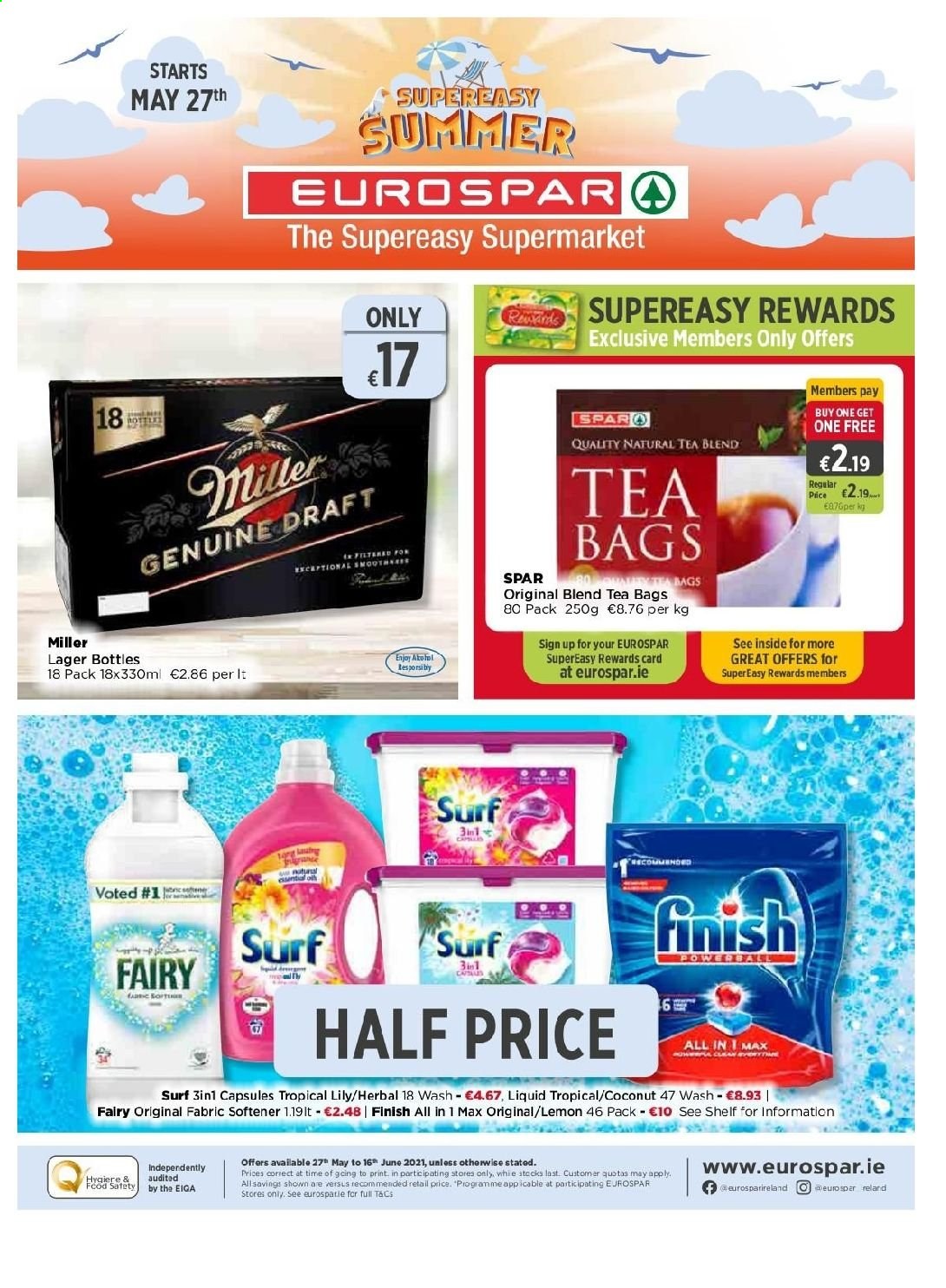 EUROSPAR offer  - 27.5.2021 - 16.6.2021 - Sales products - coconut, tea bags, beer, Miller, Lager, Fairy, fabric softener, Surf. Page 1.