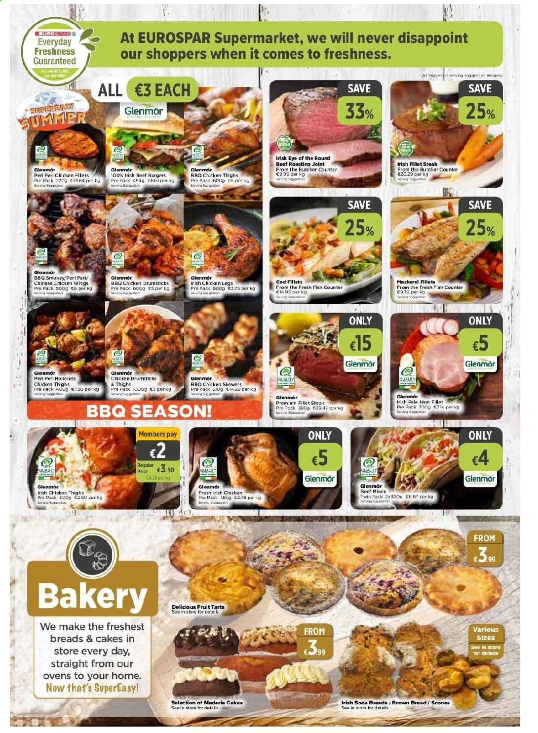 thumbnail - EUROSPAR offer  - 27.05.2021 - 16.06.2021 - Sales products - bread, cake, brown bread, cod, mackerel, fish, hamburger, beef burger, ham, chicken wings, soda, chicken legs, chicken thighs, chicken drumsticks, beef meat, ground beef, steak. Page 2.