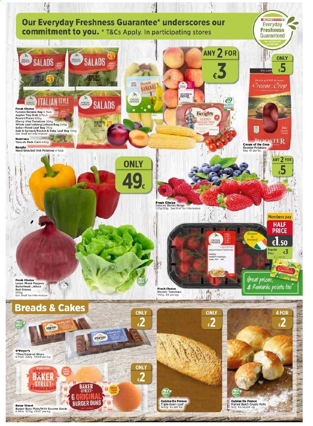 EUROSPAR offer  - 27.5.2021 - 16.6.2021 - Sales products - plums, cake, buns, burger buns, corn, red onions, rocket, potatoes, onion, lettuce, peppers, bananas, Gala apple, cherries, apples, caramel, tray. Page 3.