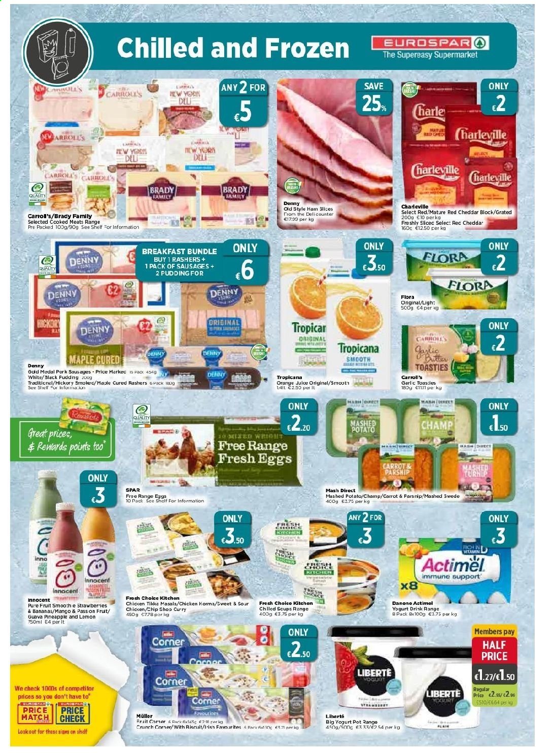thumbnail - EUROSPAR offer  - 27.05.2021 - 16.06.2021 - Sales products - bananas, guava, Fresh Choice Kitchen, sausage, cheddar, pudding, yoghurt, Danone, Müller, Actimel, yoghurt drink, eggs, Flora, orange juice, juice. Page 4.