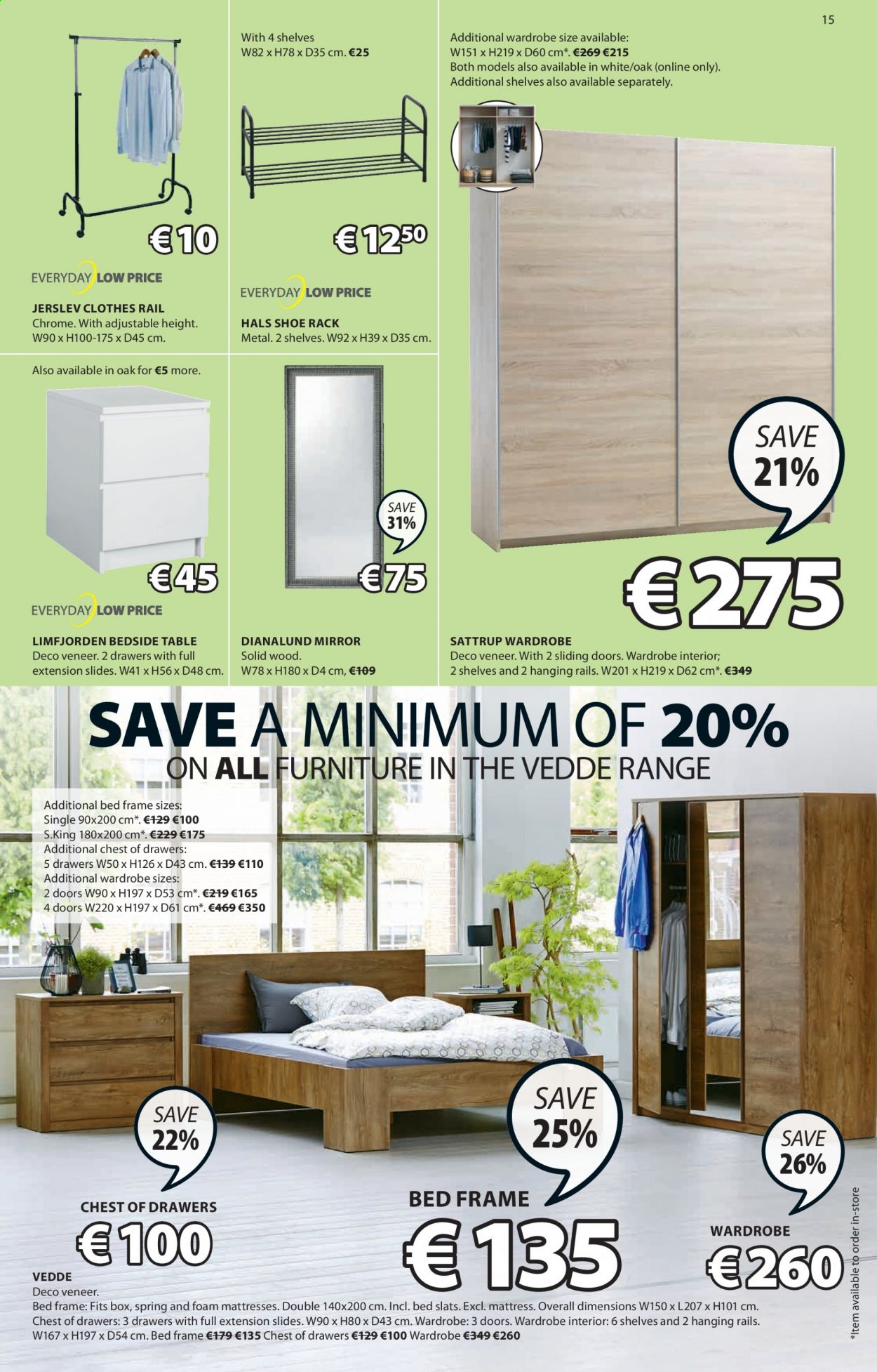 thumbnail - JYSK offer  - 27.05.2021 - 09.06.2021 - Sales products - table, chest of drawers, bed, bed frame, mattress, wardrobe, bedside table, shoe rack, clothes rail, mirror. Page 15.