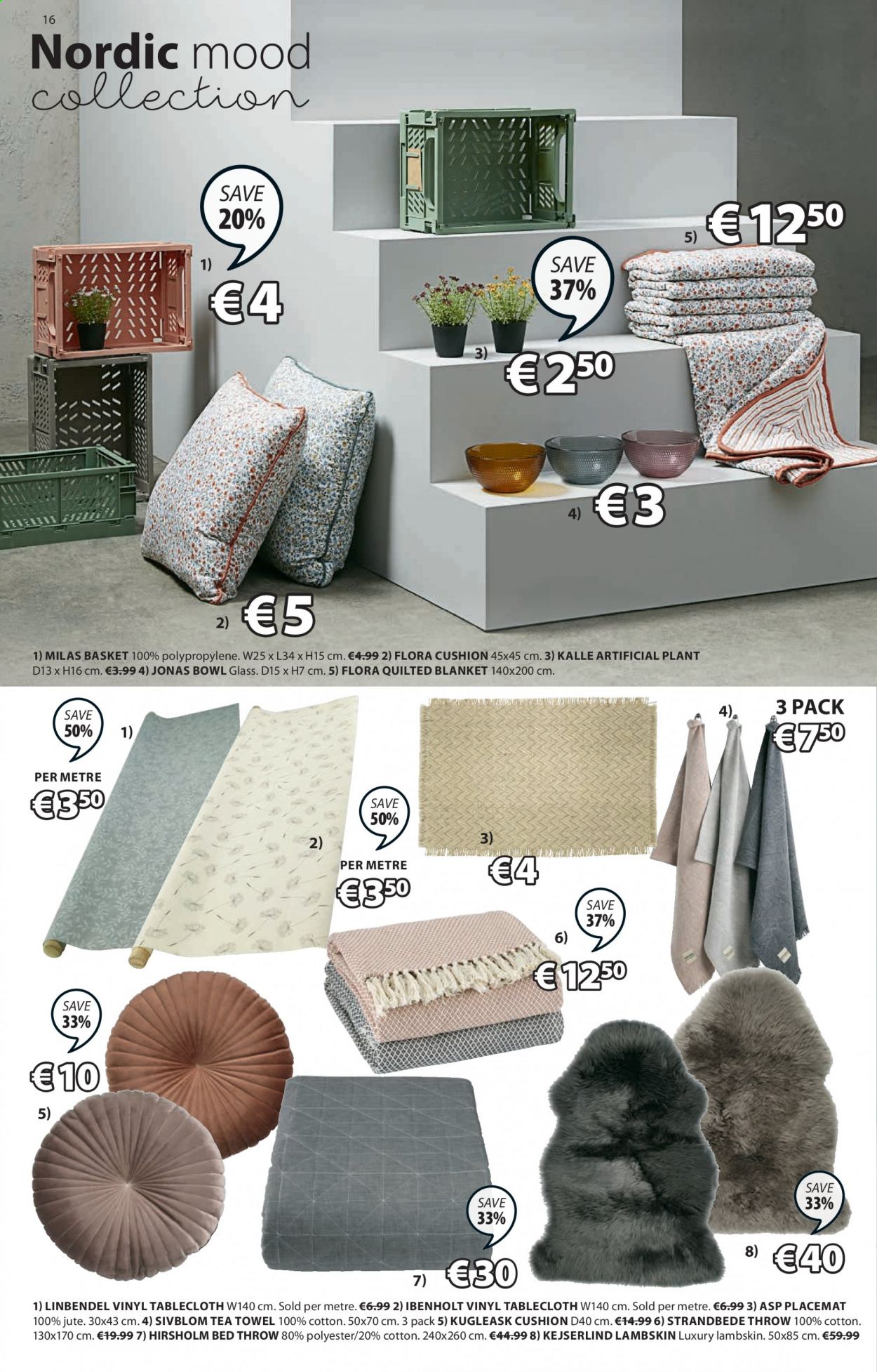 thumbnail - JYSK offer  - 27.05.2021 - 09.06.2021 - Sales products - cushion, placemat, artificial plant, basket, bowl, tablecloth, tea towels, blanket. Page 16.