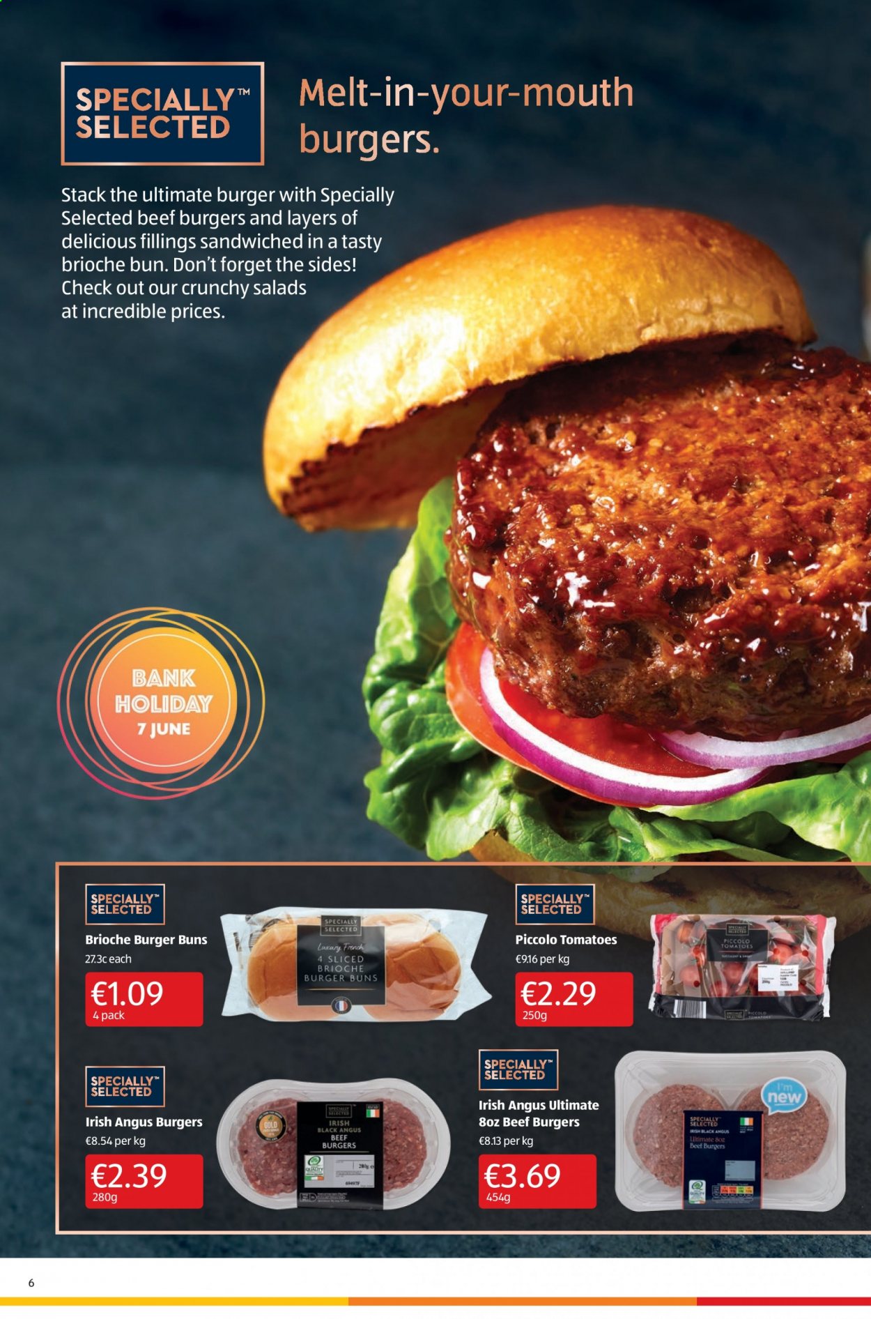 thumbnail - Aldi offer  - 03.06.2021 - 09.06.2021 - Sales products - buns, burger buns, brioche, tomatoes, beef burger. Page 6.