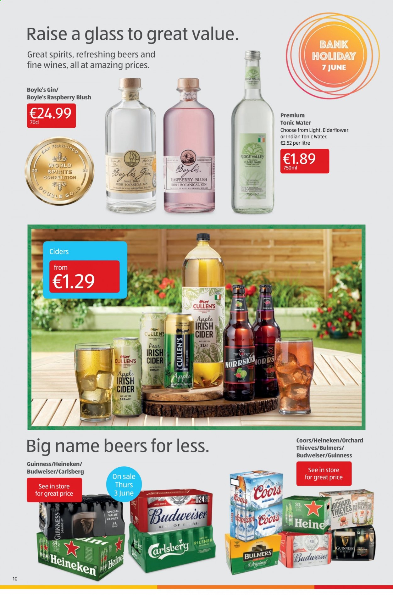 thumbnail - Aldi offer  - 03.06.2021 - 09.06.2021 - Sales products - pears, tonic, gin, cider, beer, Budweiser, Coors, Heineken, Bulmers, Carlsberg, Guinness. Page 10.