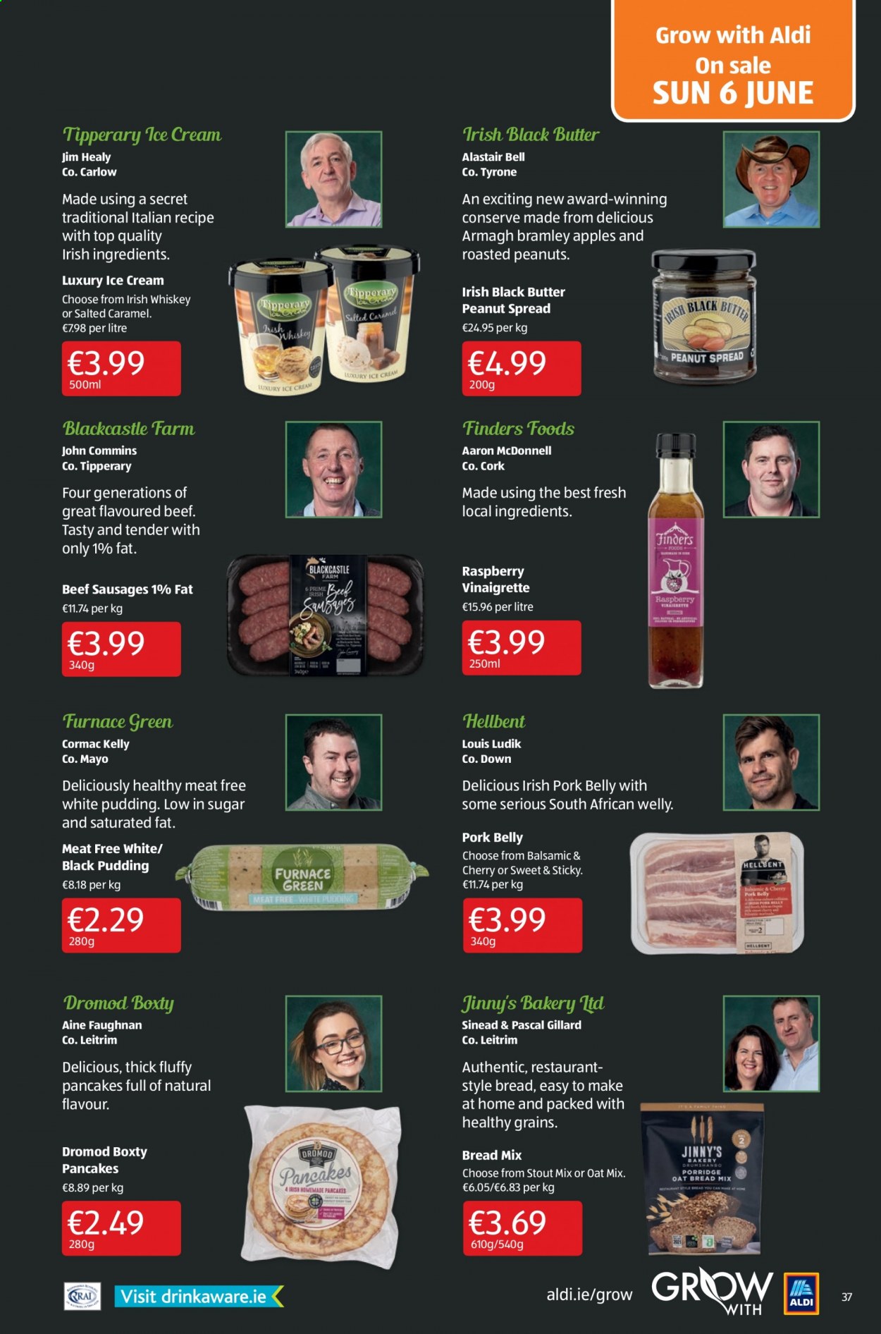 thumbnail - Aldi offer  - 03.06.2021 - 09.06.2021 - Sales products - cherries, pancakes, black pudding, sausage, beef sausage, butter, mayonnaise, ice cream, vinaigrette dressing, roasted peanuts, peanuts, whiskey, irish whiskey, whisky, pork belly, pork meat. Page 37.