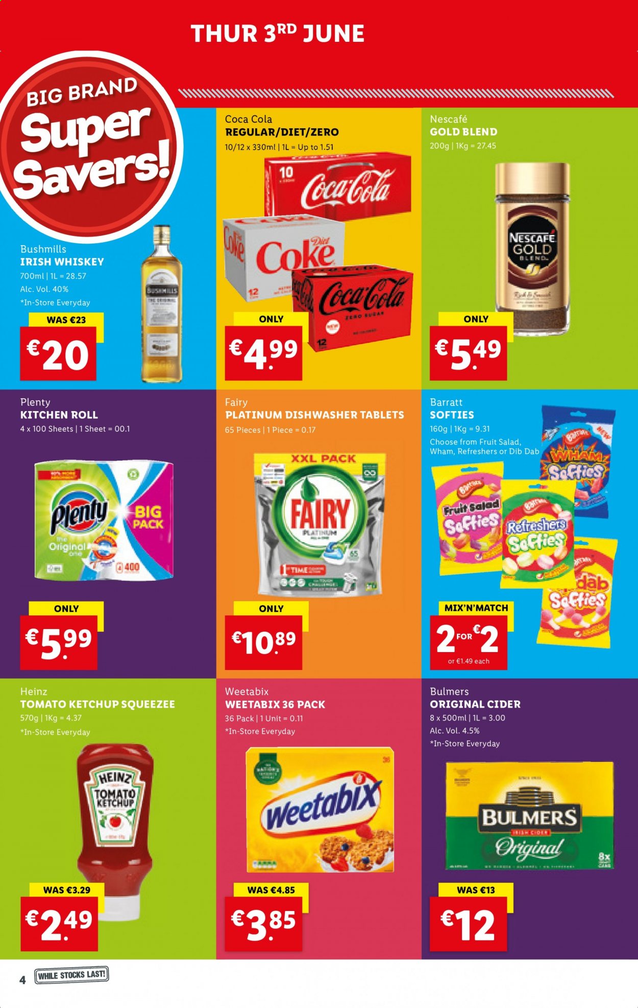 thumbnail - Lidl offer  - 03.06.2021 - 09.06.2021 - Sales products - Heinz, fruit salad, Weetabix, ketchup, Coca-Cola, Nescafé, whiskey, irish whiskey, whisky, cider, Bulmers, Plenty, Fairy, kitchen rolls. Page 4.