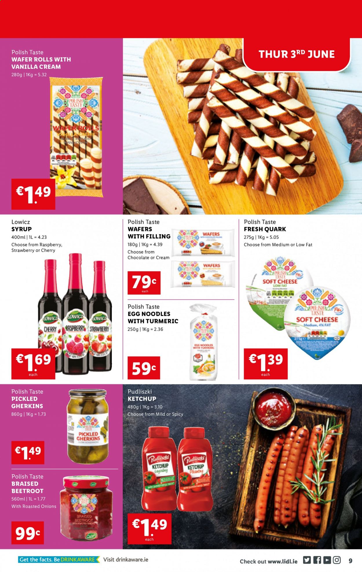 thumbnail - Lidl offer  - 03.06.2021 - 09.06.2021 - Sales products - onion, beetroot, cherries, noodles, soft cheese, cheese, wafers, chocolate, egg noodles, turmeric, ketchup, syrup, polish. Page 9.