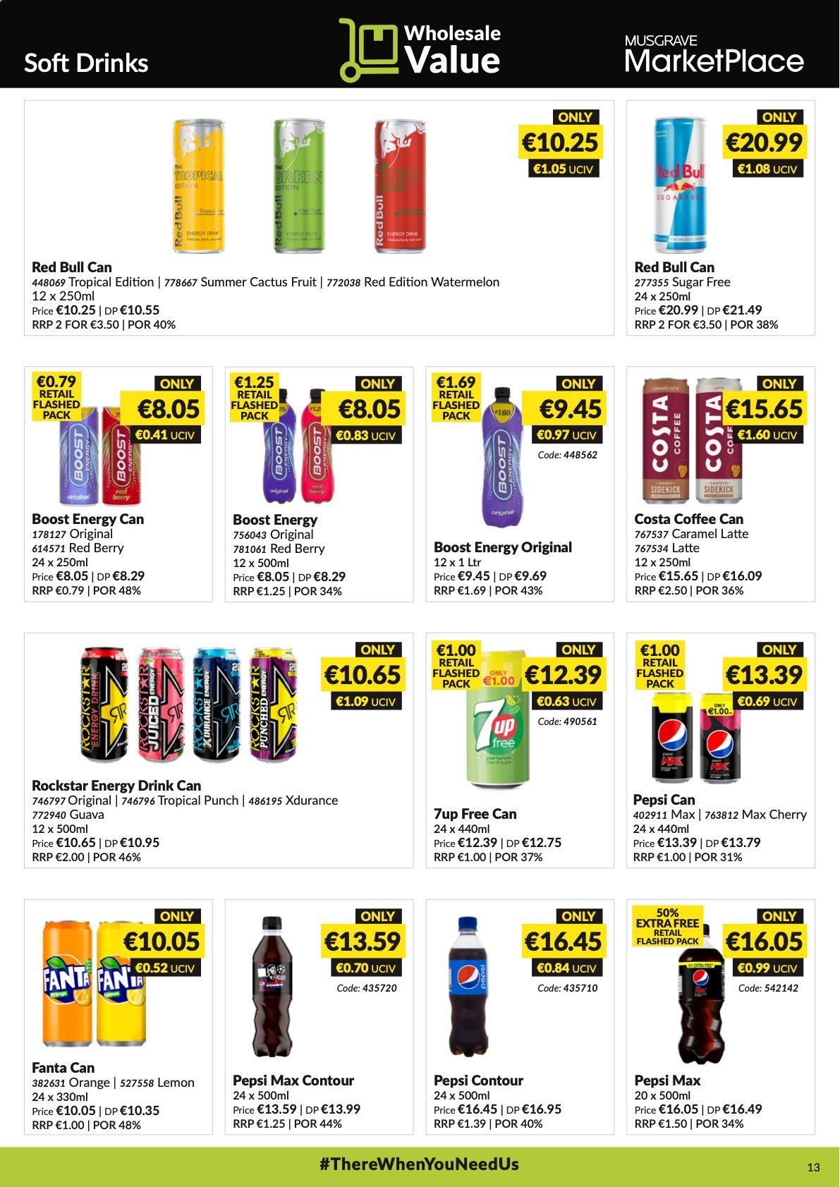 thumbnail - MUSGRAVE Market Place offer  - 06.06.2021 - 03.07.2021 - Sales products - guava, watermelon, cherries, oranges, caramel, Pepsi, Fanta, energy drink, Pepsi Max, soft drink, 7UP, Red Bull, Rockstar, fruit punch, Boost, coffee. Page 13.