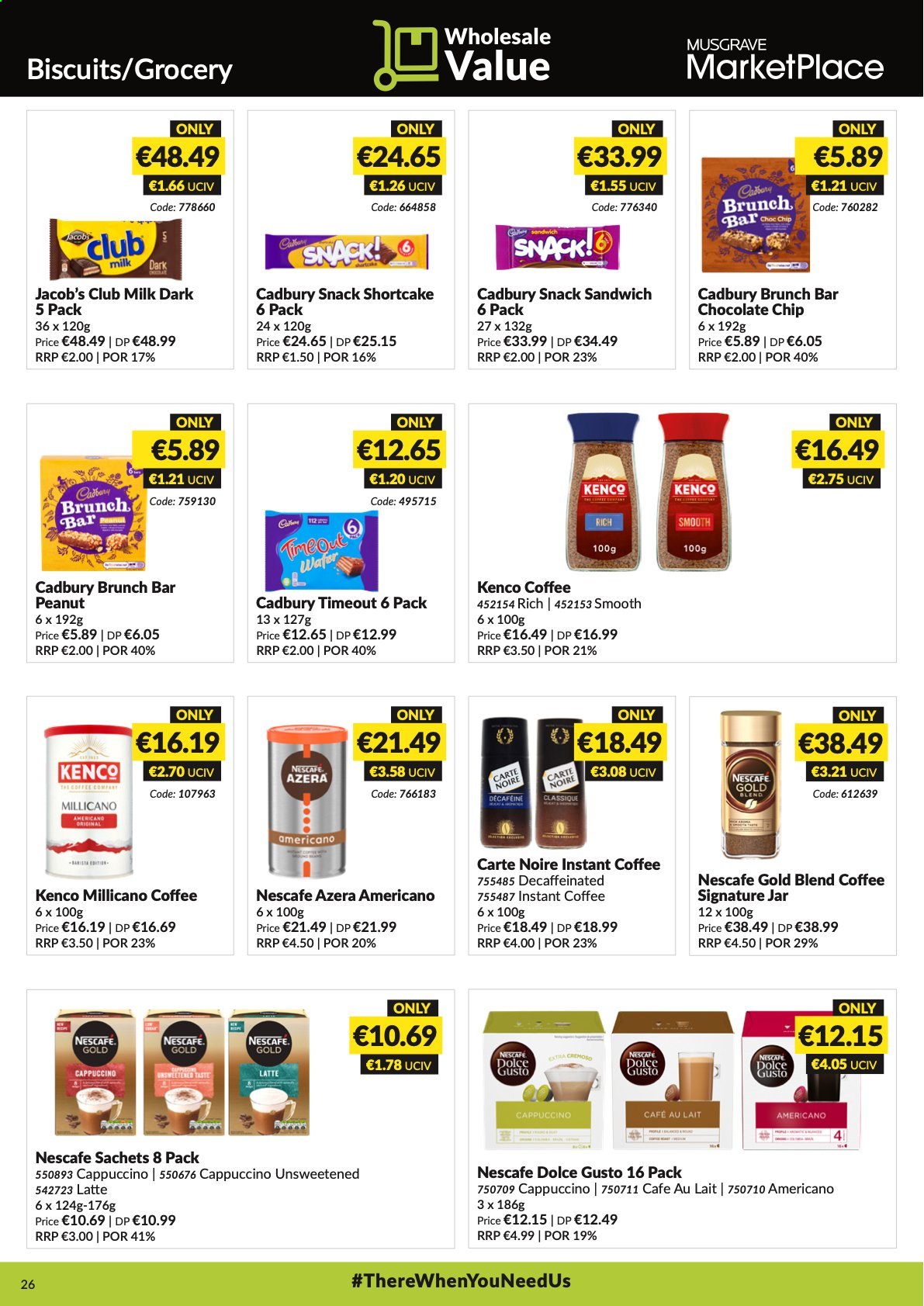 thumbnail - MUSGRAVE Market Place offer  - 06.06.2021 - 03.07.2021 - Sales products - sandwich, wafers, chocolate chips, snack, biscuit, club milk, Cadbury, cappuccino, instant coffee, Nescafé, Dolce Gusto. Page 26.