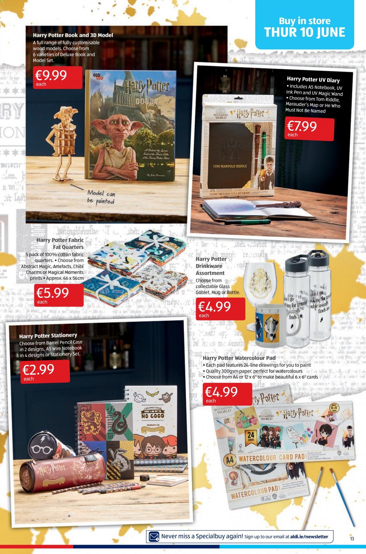 thumbnail - Aldi offer  - 10.06.2021 - 16.06.2021 - Sales products - drinkware, mug, Harry Potter, paper, stationery product, diary, pen, pencil, watercolour, book, Moments. Page 13.