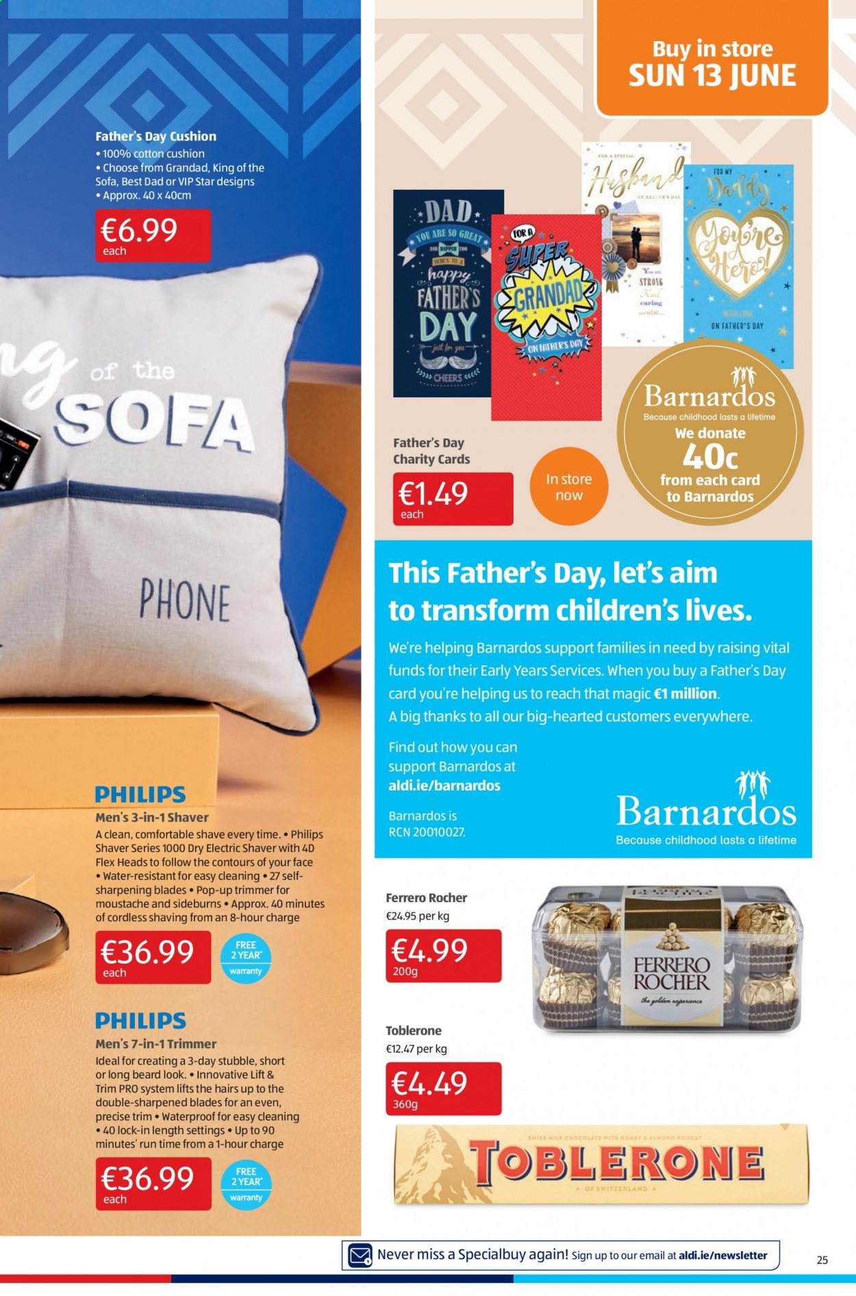 thumbnail - Aldi offer  - 10.06.2021 - 16.06.2021 - Sales products - Ferrero Rocher, Toblerone, shaver, trimmer, cushion, Philips. Page 25.