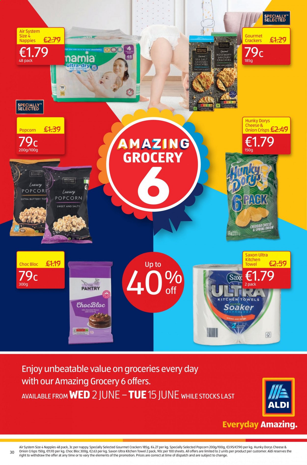 thumbnail - Aldi offer  - 10.06.2021 - 16.06.2021 - Sales products - crackers, popcorn, nappies, kitchen towels. Page 30.