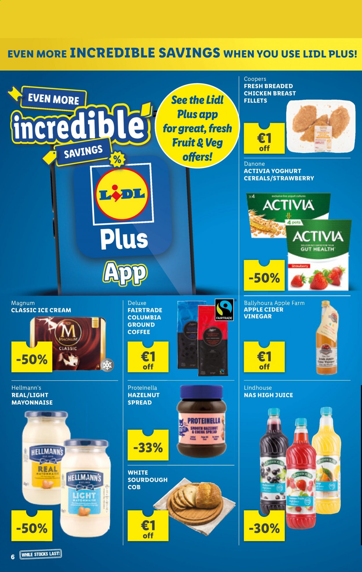 thumbnail - Lidl offer  - 17.06.2021 - 23.06.2021 - Sales products - fried chicken, Danone, Activia, yoghurt, Hellmann’s, mayonnaise, ice cream, Magnum, cereals, vinegar, juice, ground coffee, coffee, cider, apple cider. Page 6.