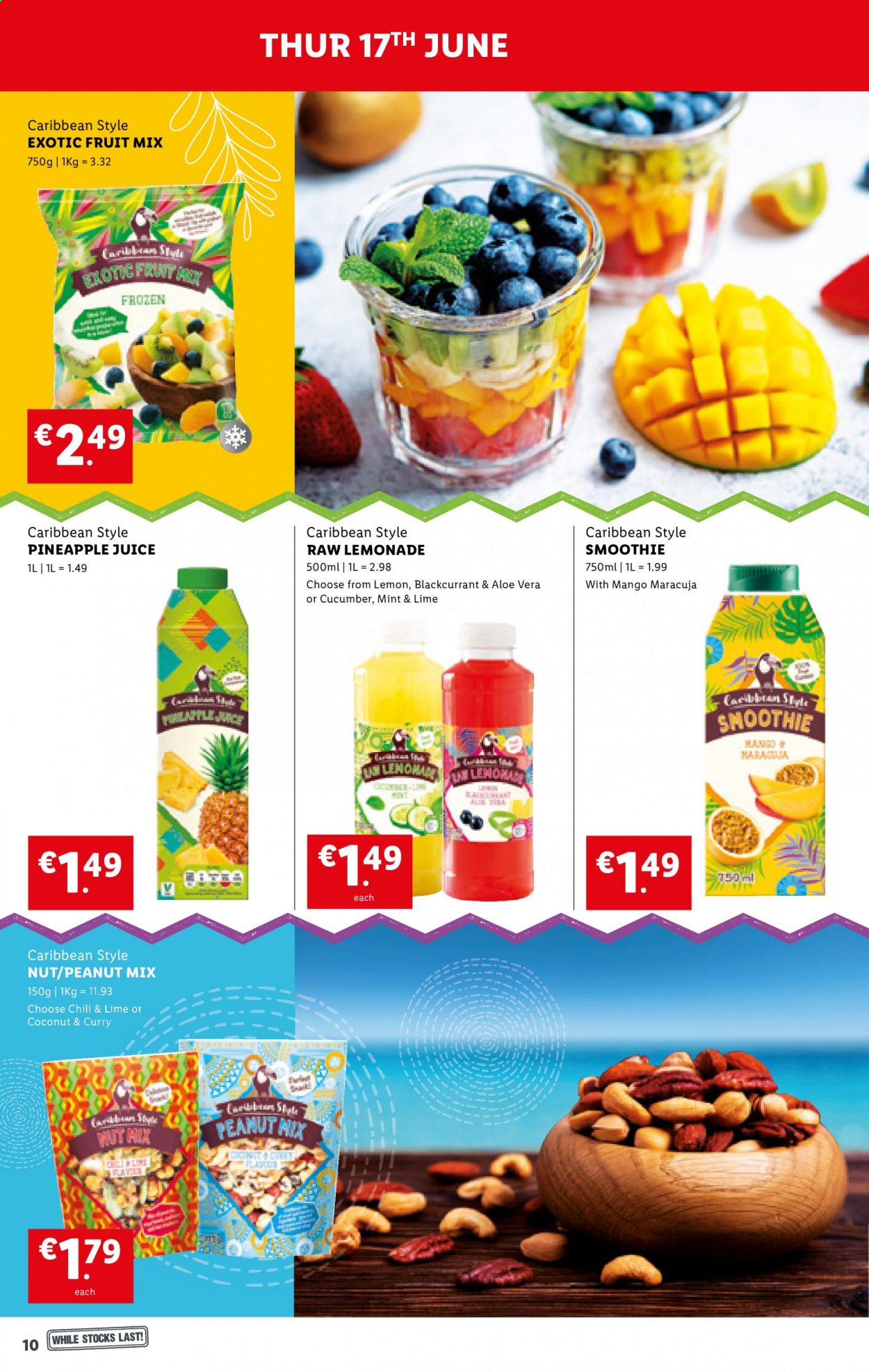 thumbnail - Lidl offer  - 17.06.2021 - 23.06.2021 - Sales products - mango, pineapple, fruit mix, pineapple juice, lemonade, juice, smoothie. Page 10.