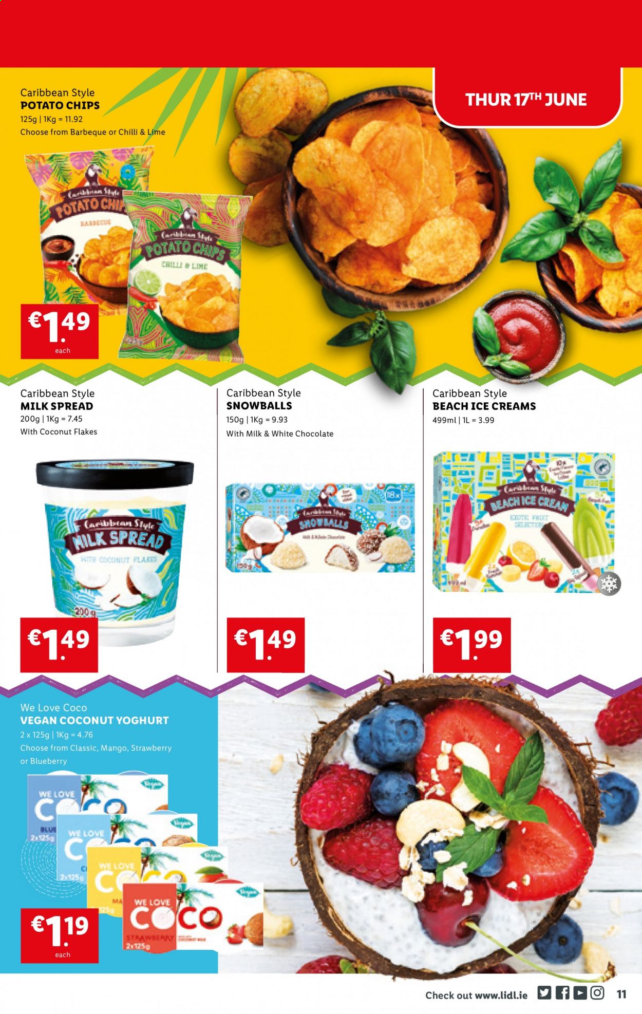 thumbnail - Lidl offer  - 17.06.2021 - 23.06.2021 - Sales products - mango, yoghurt, milk, white chocolate, chocolate, chips, flaked coconut. Page 11.