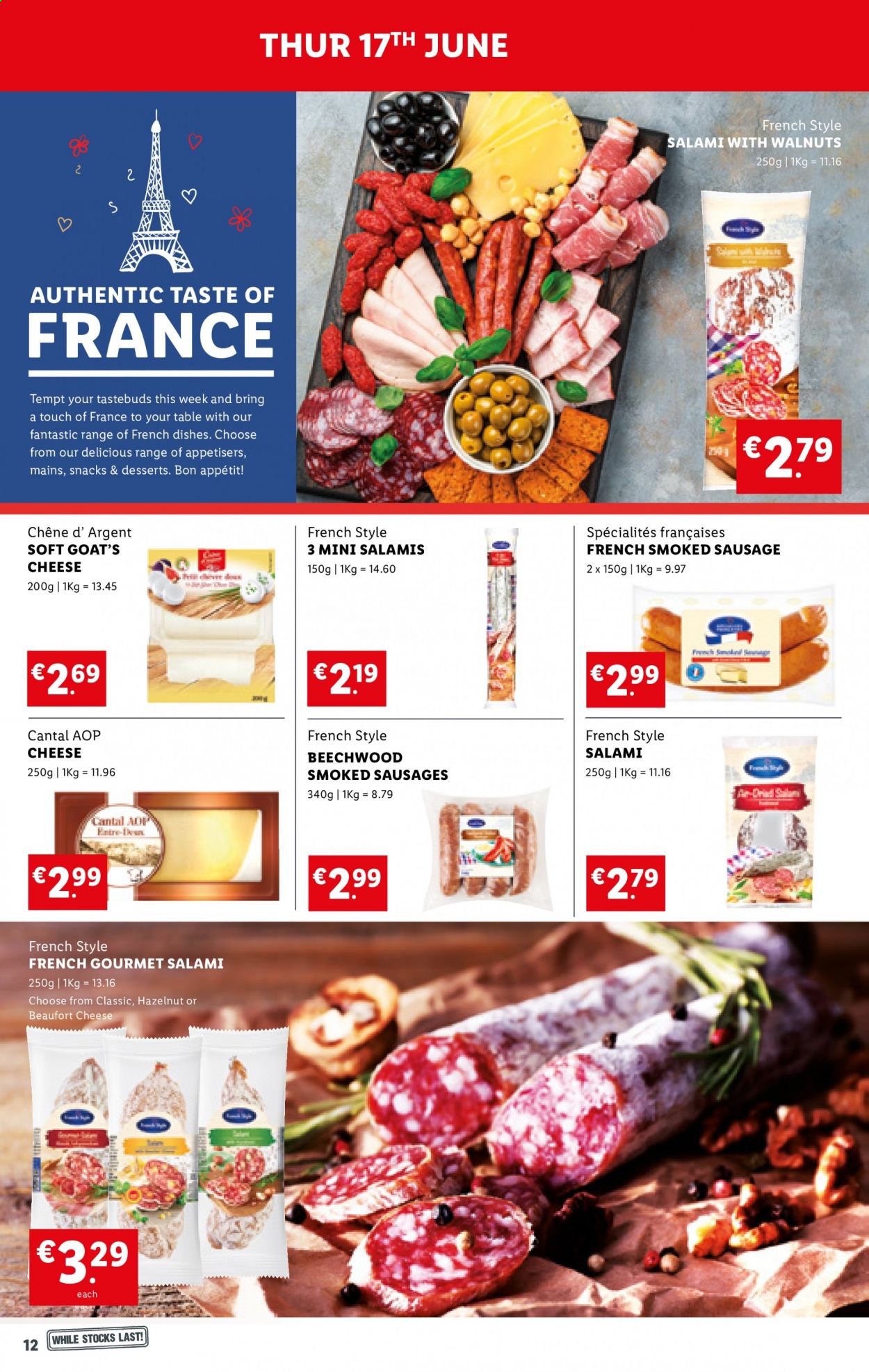 thumbnail - Lidl offer  - 17.06.2021 - 23.06.2021 - Sales products - salami, smoked sausage, sausage, cheese, snack. Page 12.