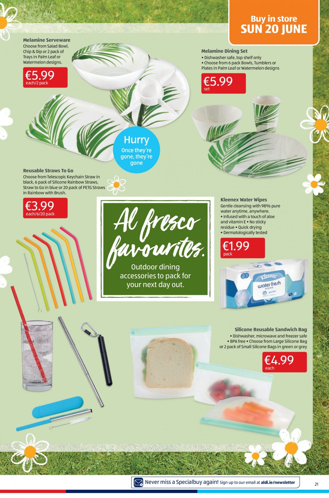 thumbnail - Aldi offer  - 17.06.2021 - 23.06.2021 - Sales products - watermelon, dip, purified water, wipes, Kleenex, sandwich bag, tumbler, plate, salad bowl, serveware. Page 21.