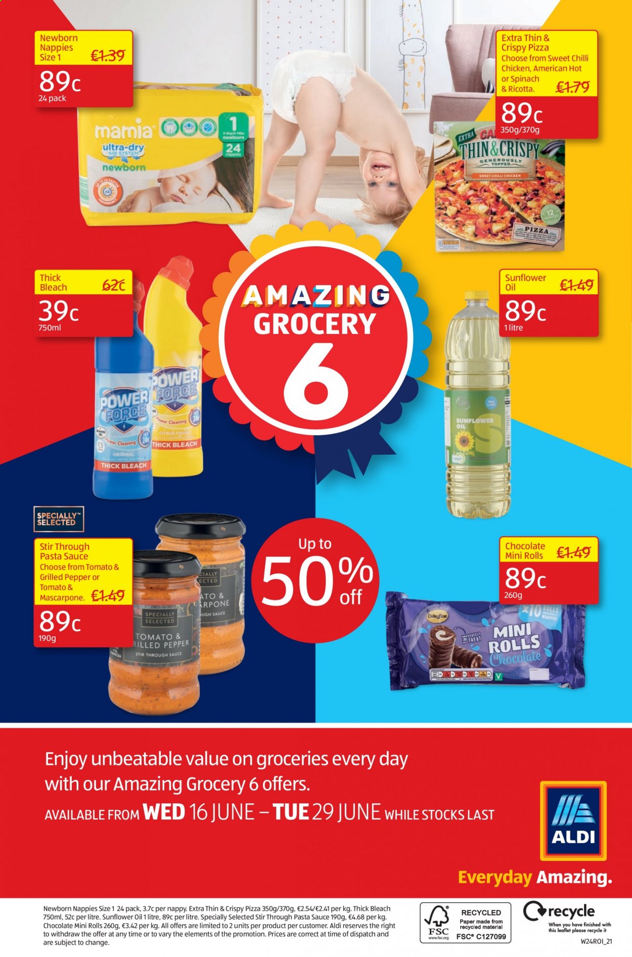 thumbnail - Aldi offer  - 17.06.2021 - 23.06.2021 - Sales products - pizza, pasta sauce, sauce, mascarpone, ricotta, chocolate, pepper, sunflower oil, oil, nappies, bleach, thick bleach. Page 28.