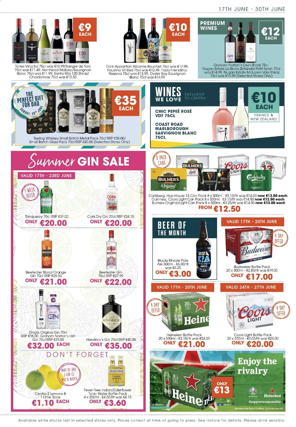 thumbnail - Centra offer  - 17.06.2021 - 30.06.2021 - Sales products - Budweiser, Coors, lemons, oysters, tonic, red wine, white wine, Chardonnay, wine, Syrah, Shiraz, Sauvignon Blanc, rosé wine, gin, whiskey, Beefeater, Hendrick's, whisky, beer, Heineken, Bulmers, Carlsberg, Guinness, Sol, drink bottle. Page 7.