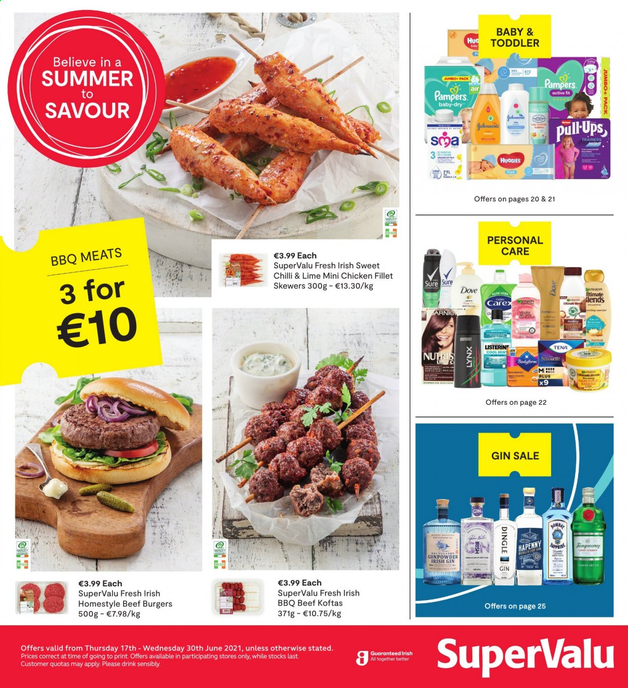 SuperValu offer  - 17.6.2021 - 30.6.2021 - Sales products - hamburger, beef burger, gin, Huggies, Pampers, Johnson's, Dove, Carex, Listerine, Sure. Page 1.