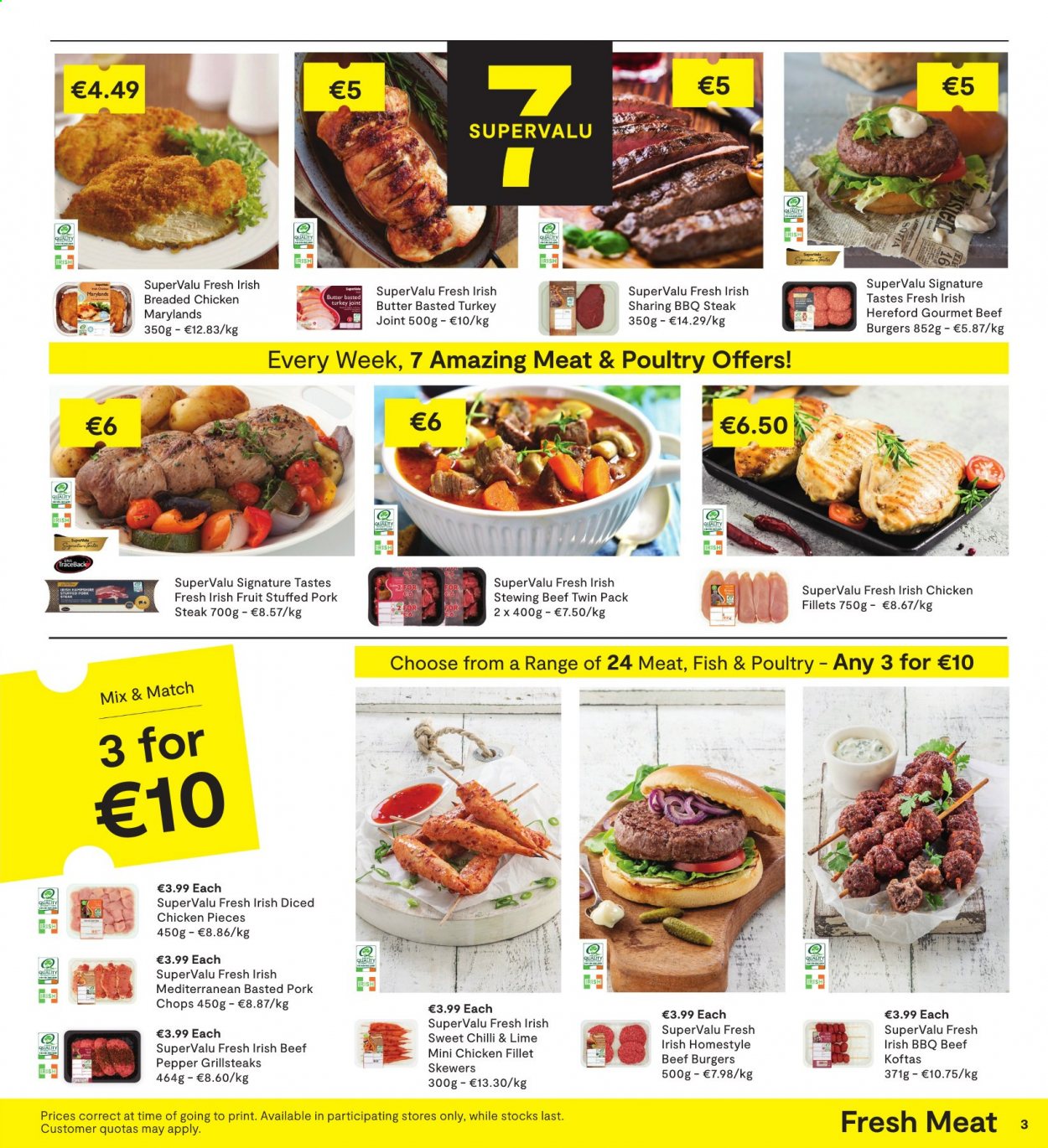 thumbnail - SuperValu offer  - 17.06.2021 - 30.06.2021 - Sales products - fish, hamburger, fried chicken, beef burger, irish butter, turkey joint, beef meat, stewing beef. Page 3.