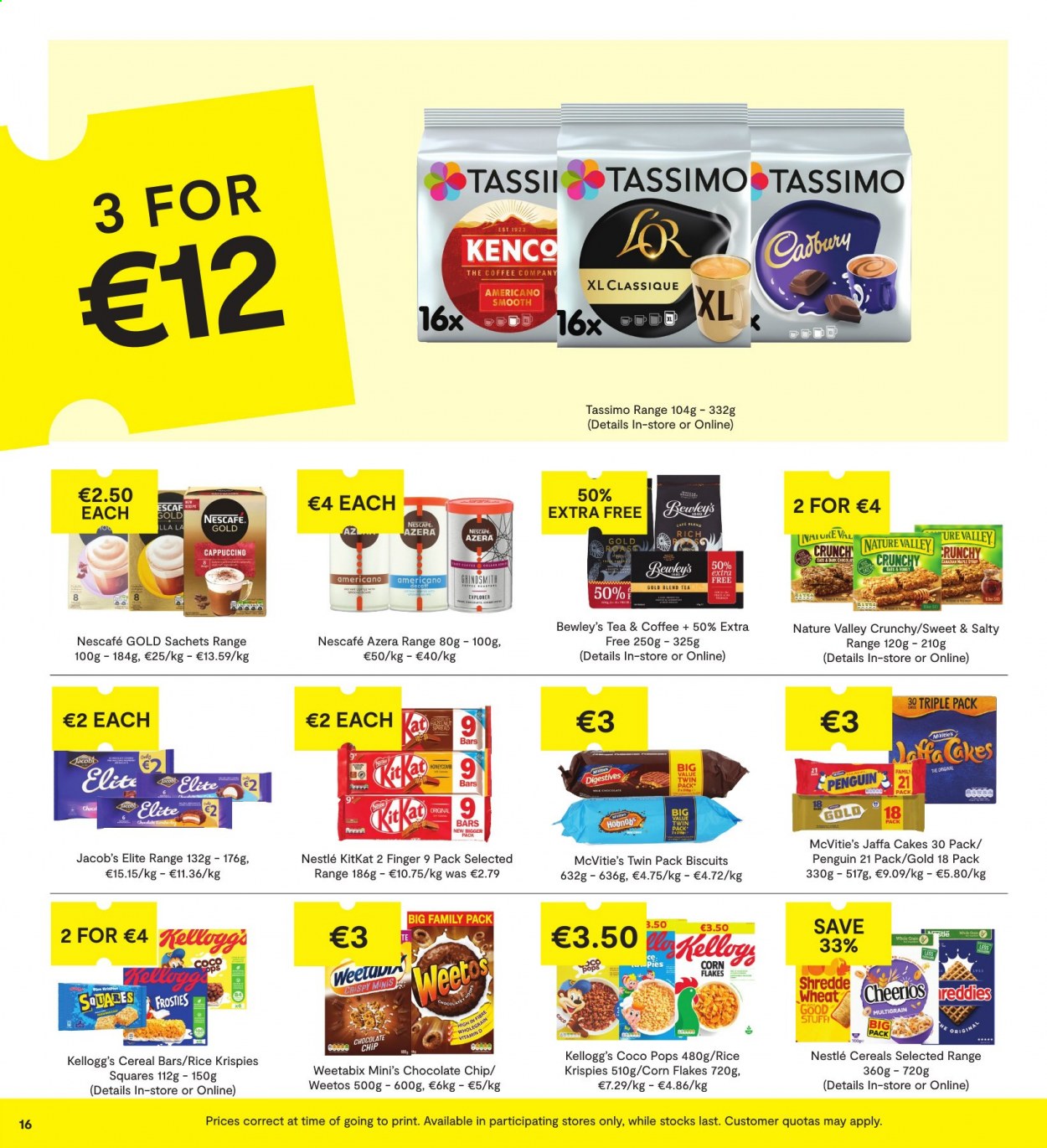 thumbnail - SuperValu offer  - 17.06.2021 - 30.06.2021 - Sales products - cake, Nestlé, chocolate chips, KitKat, cereal bar, Kellogg's, biscuit, cereals, Cheerios, corn flakes, coco pops, Rice Krispies, Weetabix, Nature Valley, honey, cappuccino, coffee, Jacobs, Nescafé. Page 16.