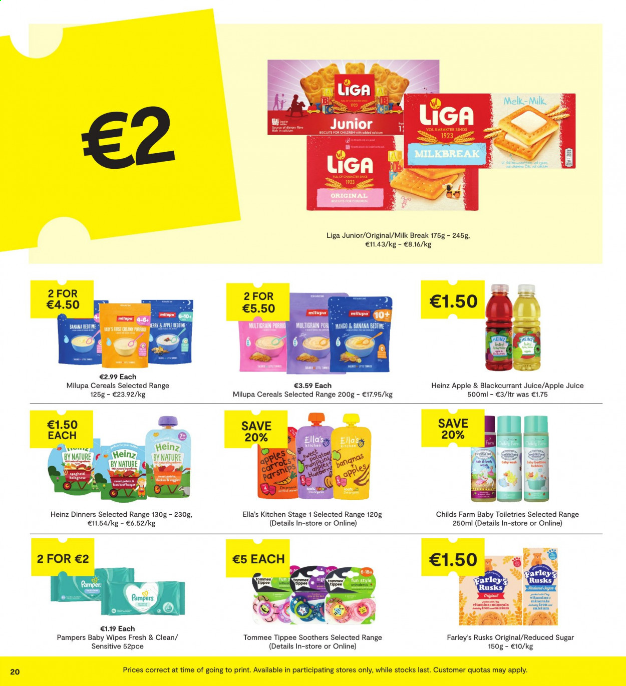 thumbnail - SuperValu offer  - 17.06.2021 - 30.06.2021 - Sales products - rusks, parsnips, spaghetti, milk, biscuit, Heinz, cereals, porridge, apple juice, juice, beef meat, wipes, Pampers, baby wipes, Pamper, calcium. Page 20.