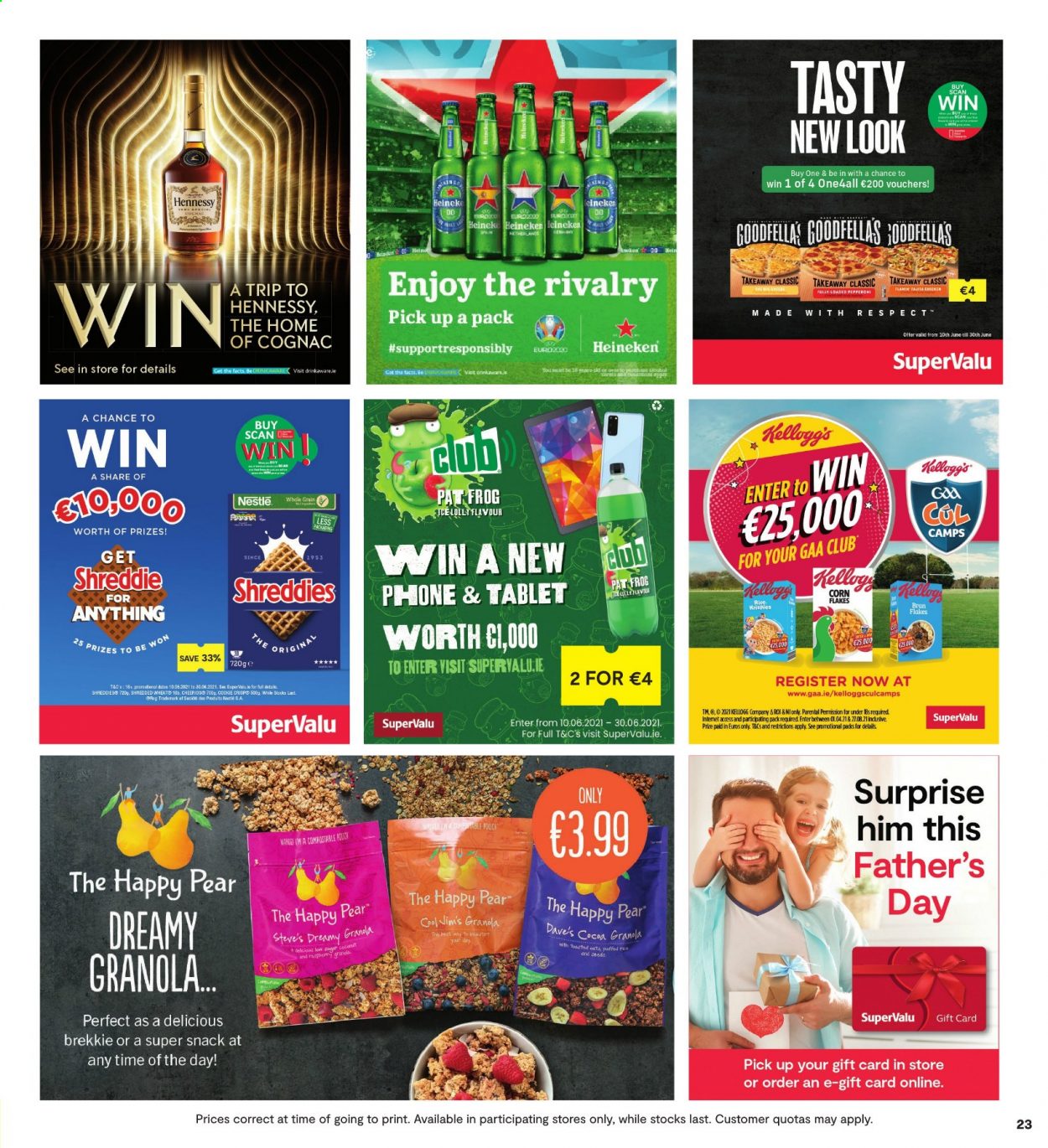 thumbnail - SuperValu offer  - 17.06.2021 - 30.06.2021 - Sales products - corn, pears, pepperoni, Nestlé, Kellogg's, granola, bran flakes, cognac, Hennessy, beer, Heineken. Page 23.