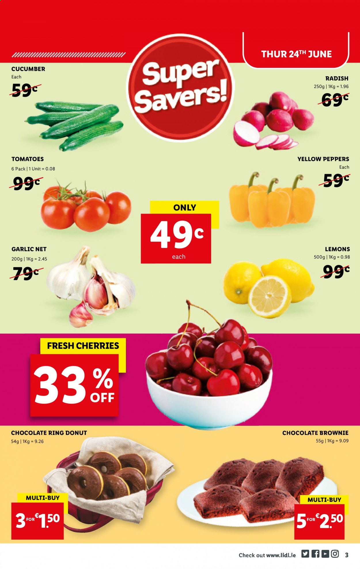 thumbnail - Lidl offer  - 24.06.2021 - 30.06.2021 - Sales products - brownies, donut, garlic, radishes, tomatoes, peppers, cherries, lemons, chocolate. Page 3.