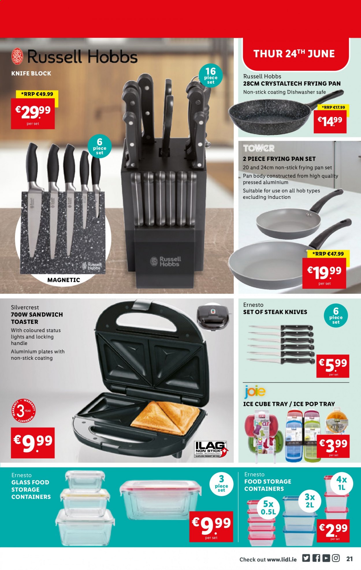 thumbnail - Lidl offer  - 24.06.2021 - 30.06.2021 - Sales products - SilverCrest, sandwich, Ernesto, knife, tray, plate, pan, knife block, steak knife, storage box, Russell Hobbs, toaster. Page 21.