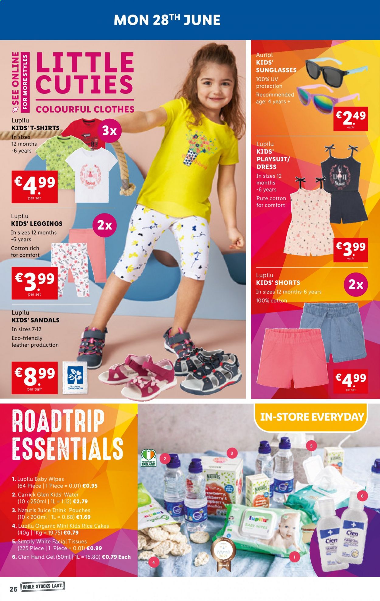 thumbnail - Lidl offer  - 24.06.2021 - 30.06.2021 - Sales products - sandals, Lupilu, rice, juice, wipes, baby wipes, tissues, facial tissues, hand gel, shorts, dress, t-shirt, leggings. Page 26.