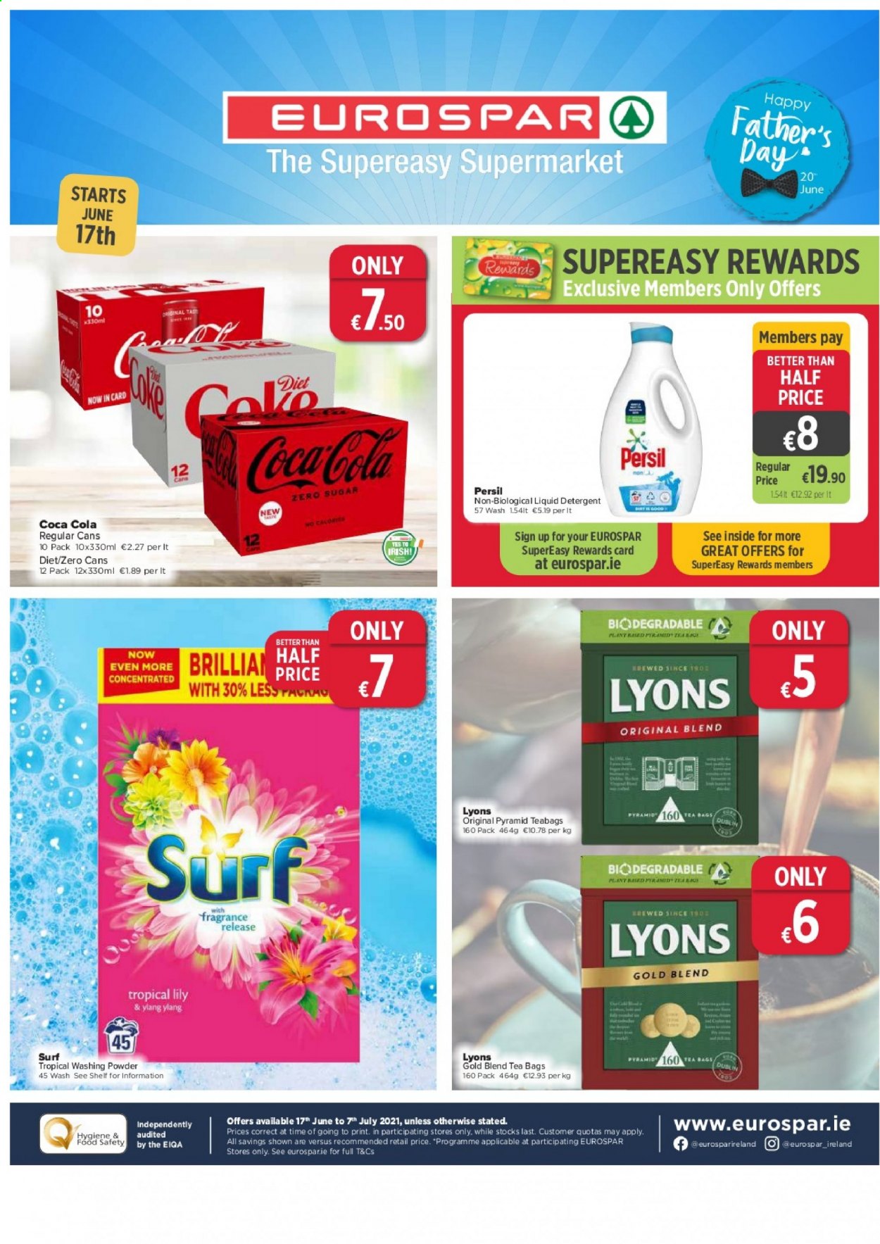 EUROSPAR offer  - 17.6.2021 - 7.7.2021 - Sales products - Coca-Cola, tea bags, Lyons, detergent, Persil, liquid detergent, laundry powder, Surf, fragrance. Page 1.