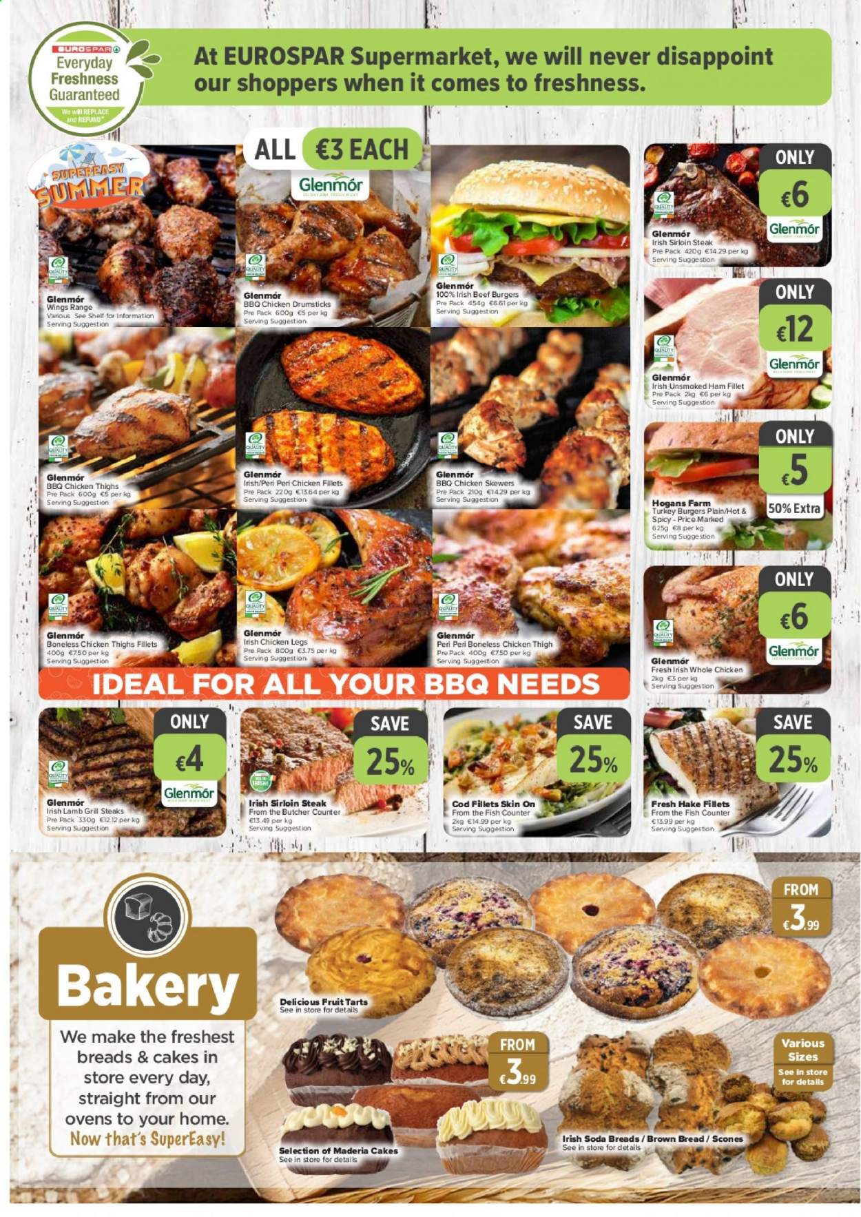 EUROSPAR offer  - 17.6.2021 - 7.7.2021 - Sales products - bread, cake, brown bread, cod, hake, fish, hamburger, beef burger, ham, soda, whole chicken, chicken legs, chicken thighs, chicken drumsticks, chicken meat, beef sirloin, steak, sirloin steak, turkey burger. Page 2.